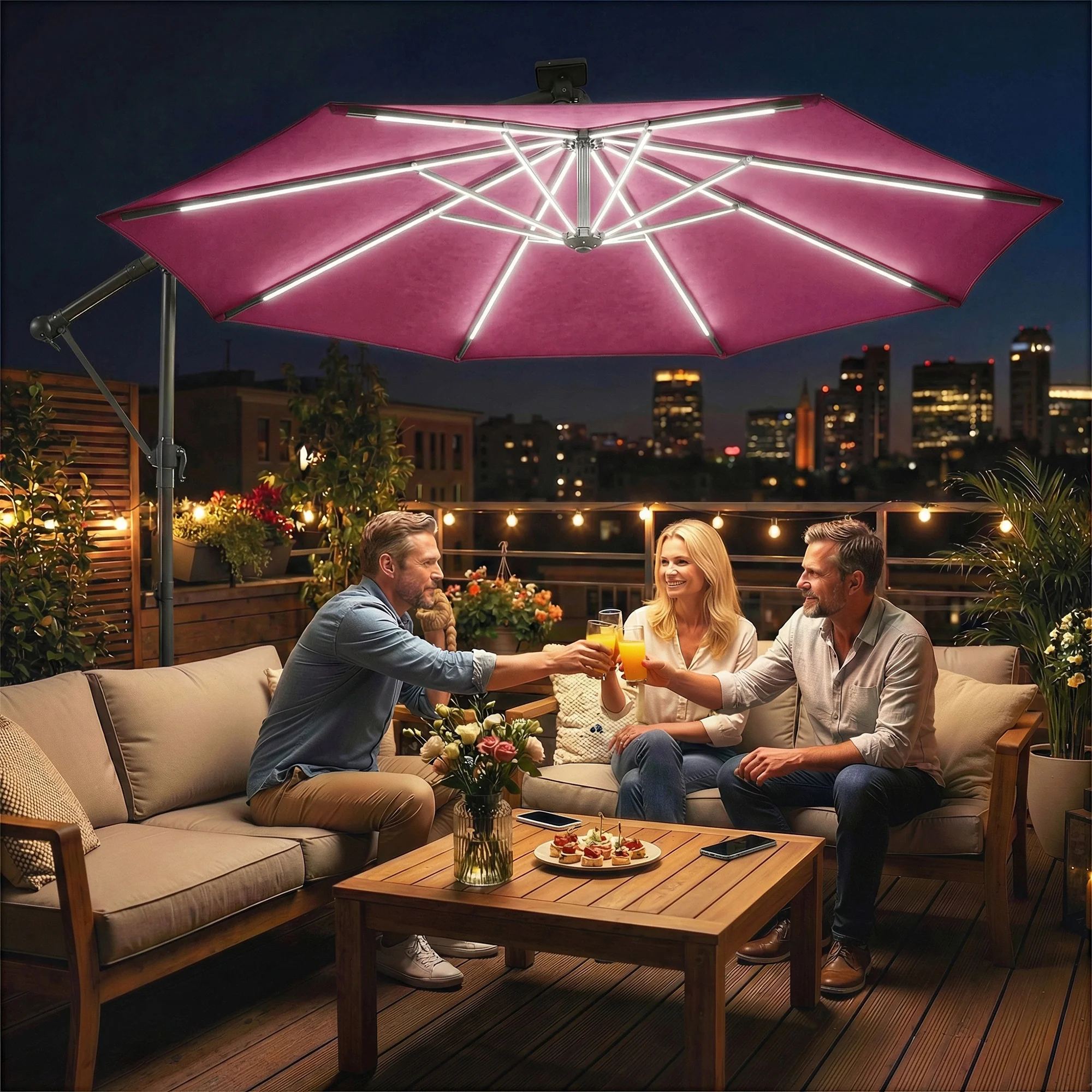 3 m Cantilever Parasol with Solar LED Light, Cover & 360° Rotation, Wine Red - Image 3