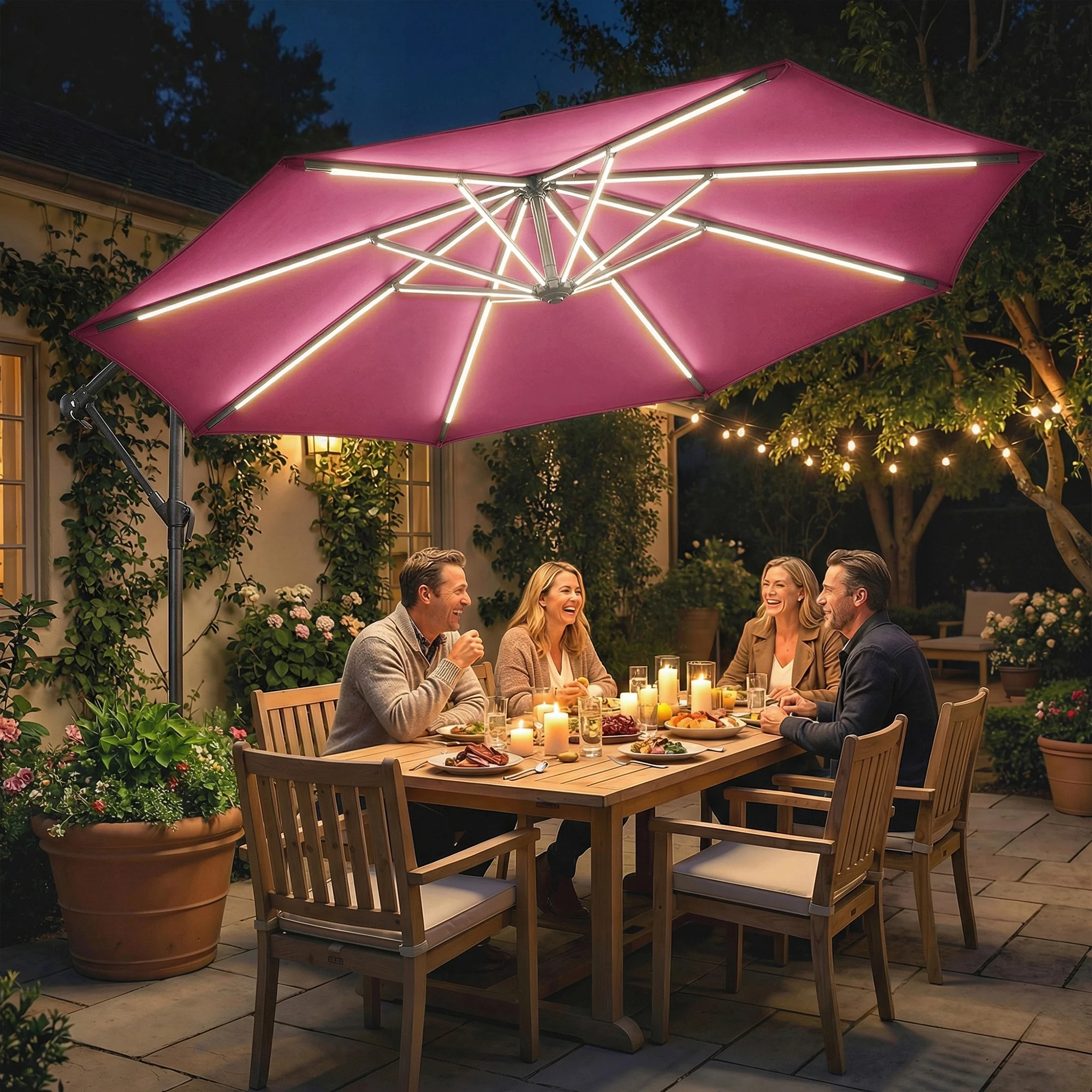 3 m Cantilever Parasol with Solar LED Light, Cover & 360° Rotation, Wine Red - Image 4