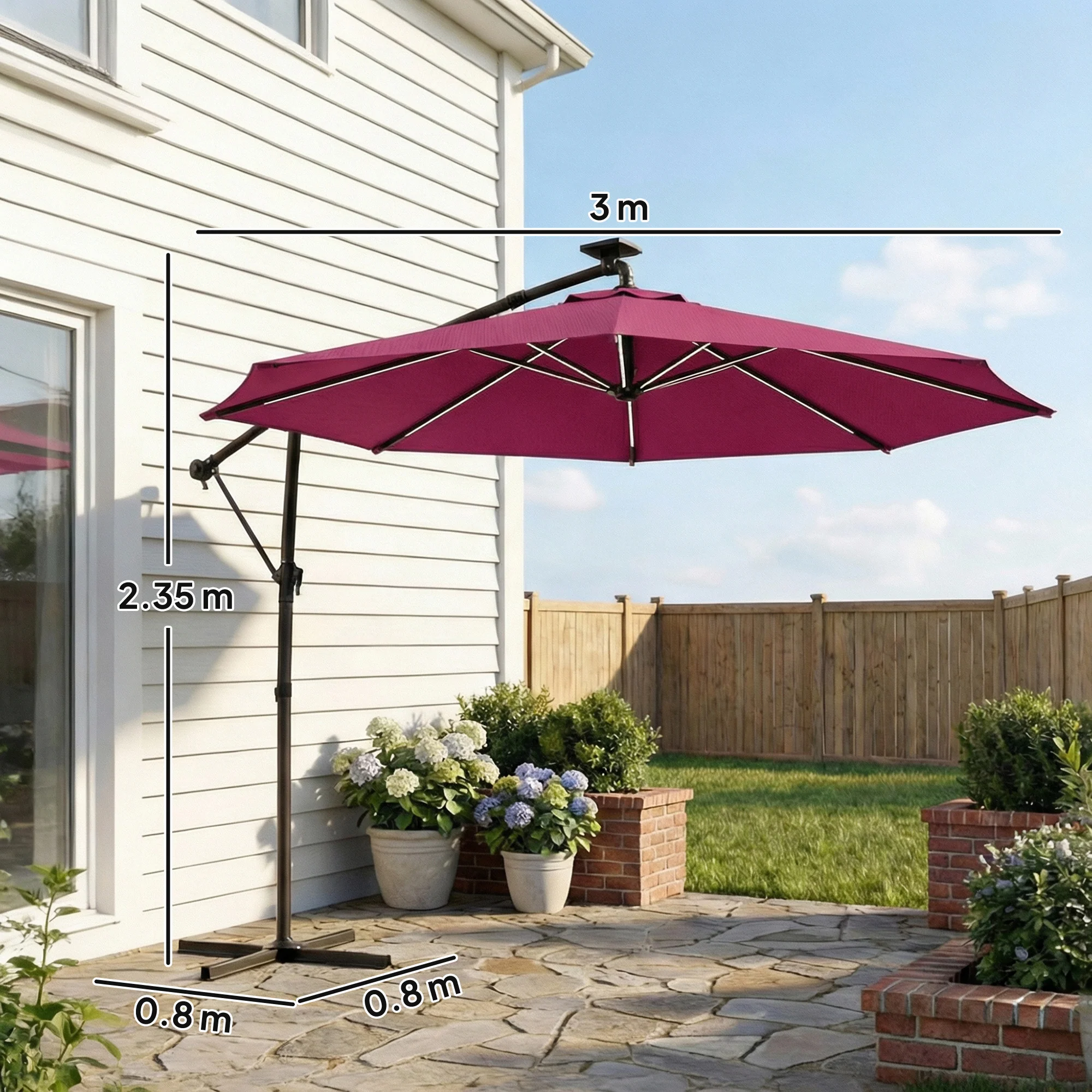 3 m Cantilever Parasol with Solar LED Light, Cover & 360° Rotation, Wine Red - Image 5