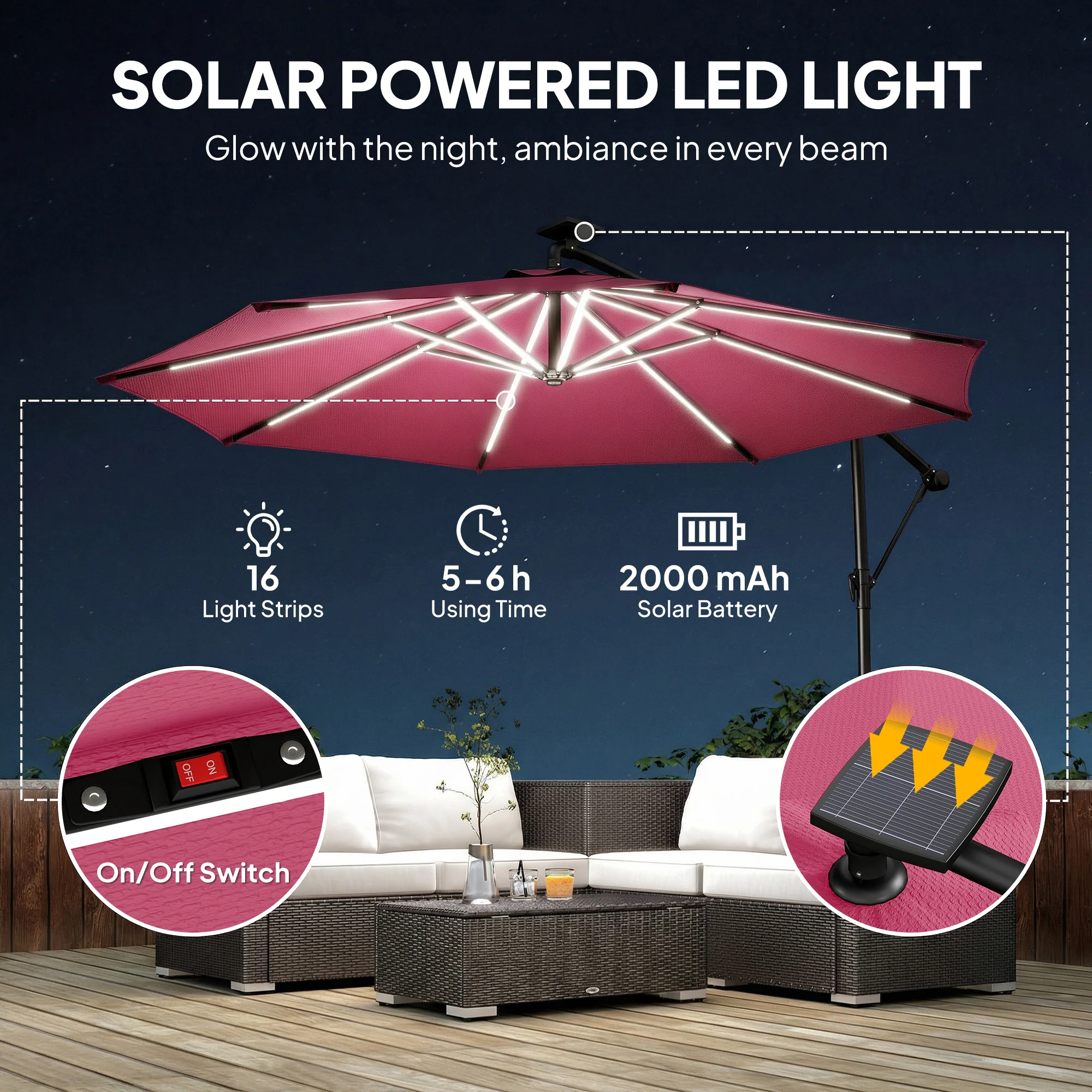 3 m Cantilever Parasol with Solar LED Light, Cover & 360° Rotation, Wine Red - Image 6