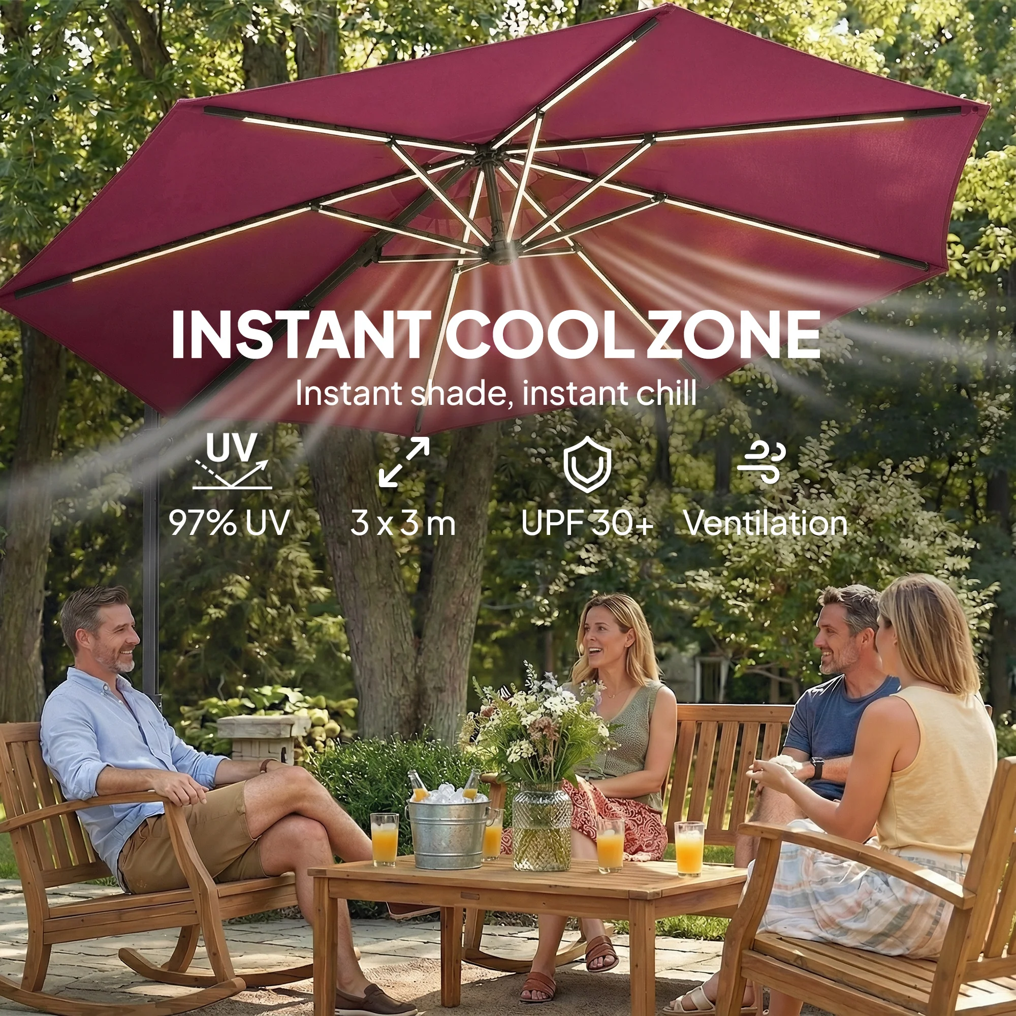 3 m Cantilever Parasol with Solar LED Light, Cover & 360° Rotation, Wine Red - Image 7