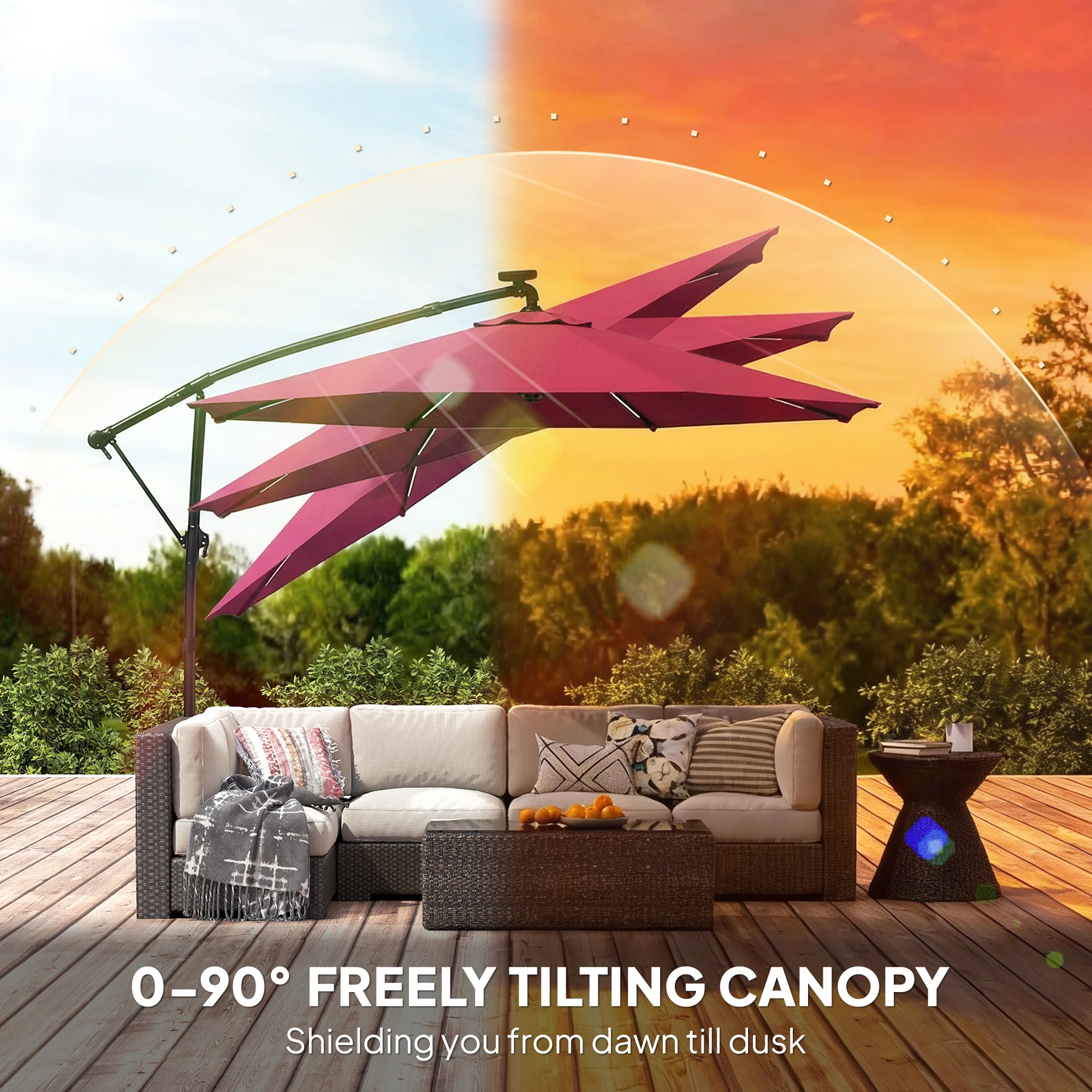 3 m Cantilever Parasol with Solar LED Light, Cover & 360° Rotation, Wine Red - Image 8
