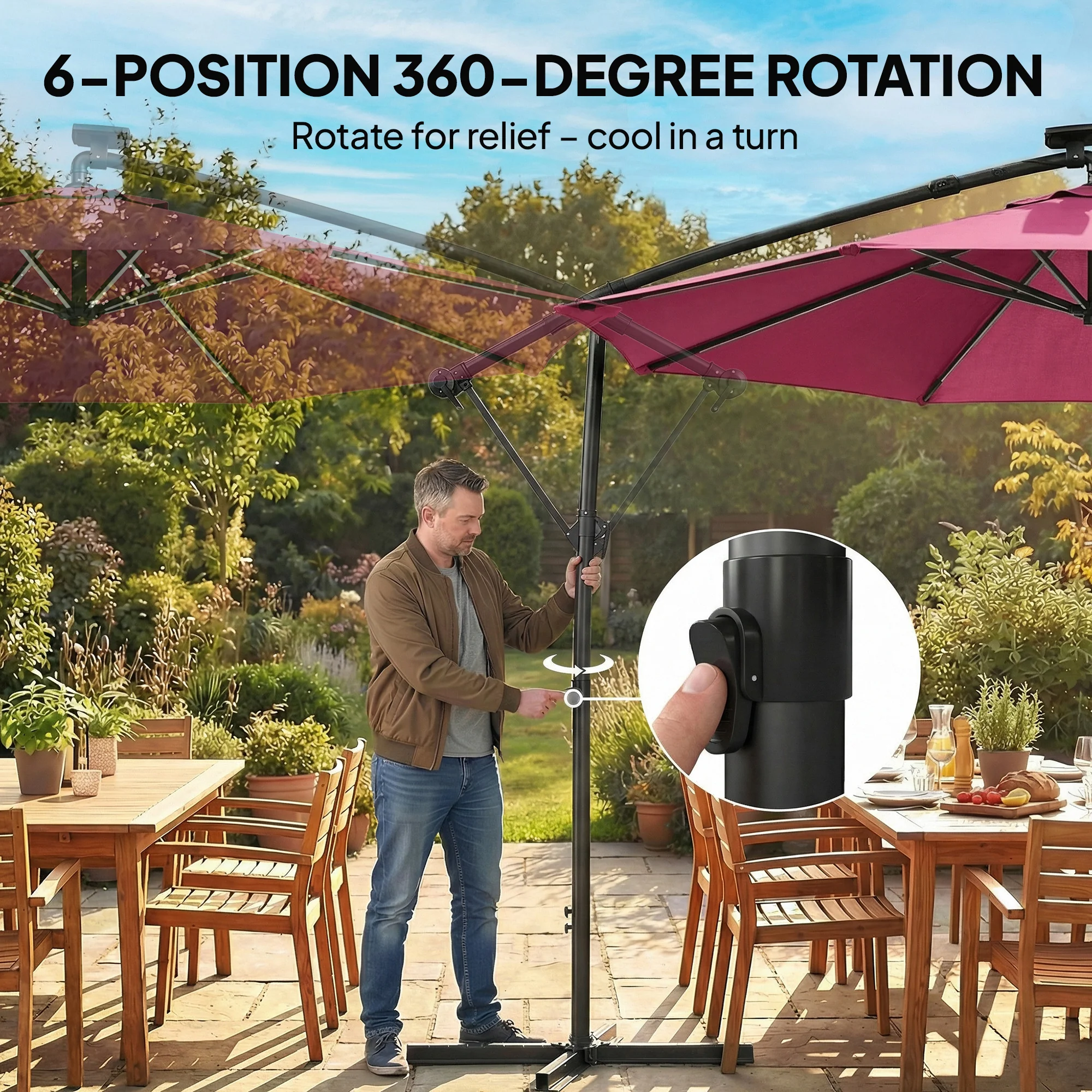 3 m Cantilever Parasol with Solar LED Light, Cover & 360° Rotation, Wine Red - Image 9