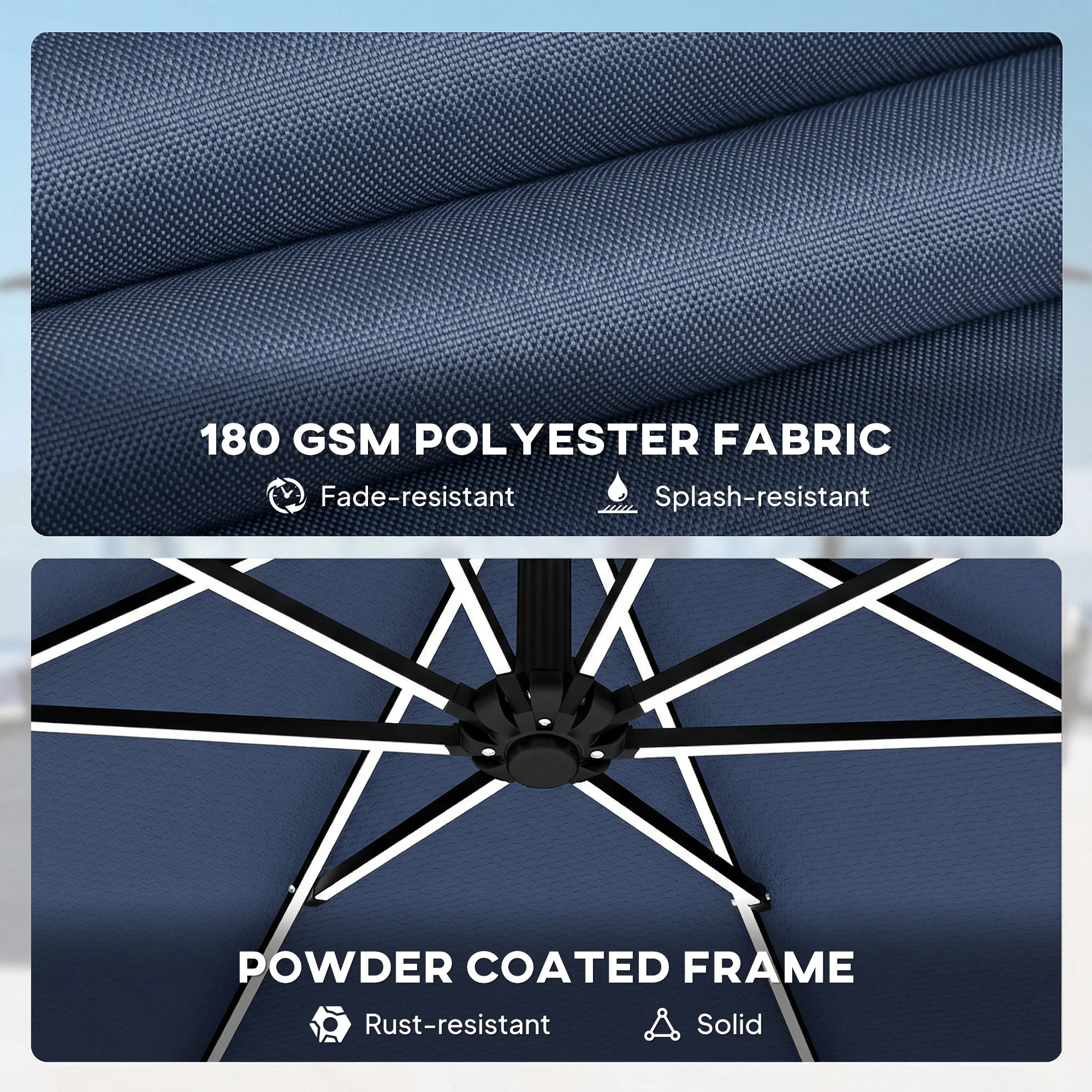 3 m Cantilever Parasol with Solar LED Light, Cover & 360° Rotation, Navy Blue - Image 11