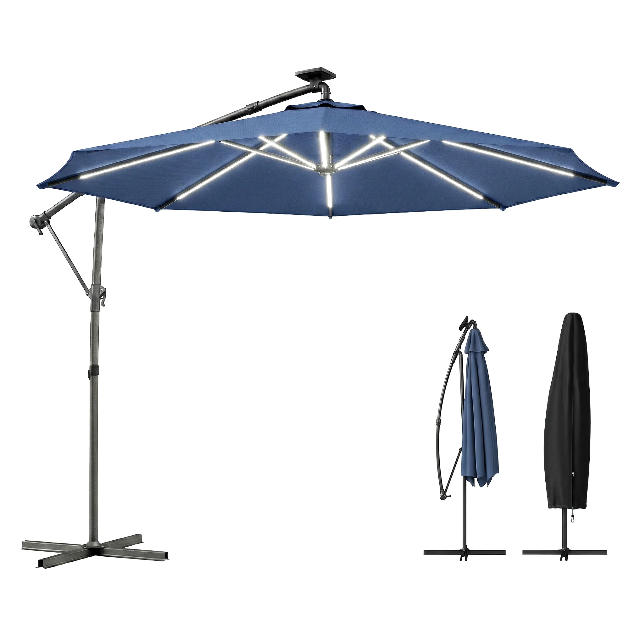 3 m Cantilever Parasol with Solar LED Light, Cover & 360° Rotation, Navy Blue - Image 2