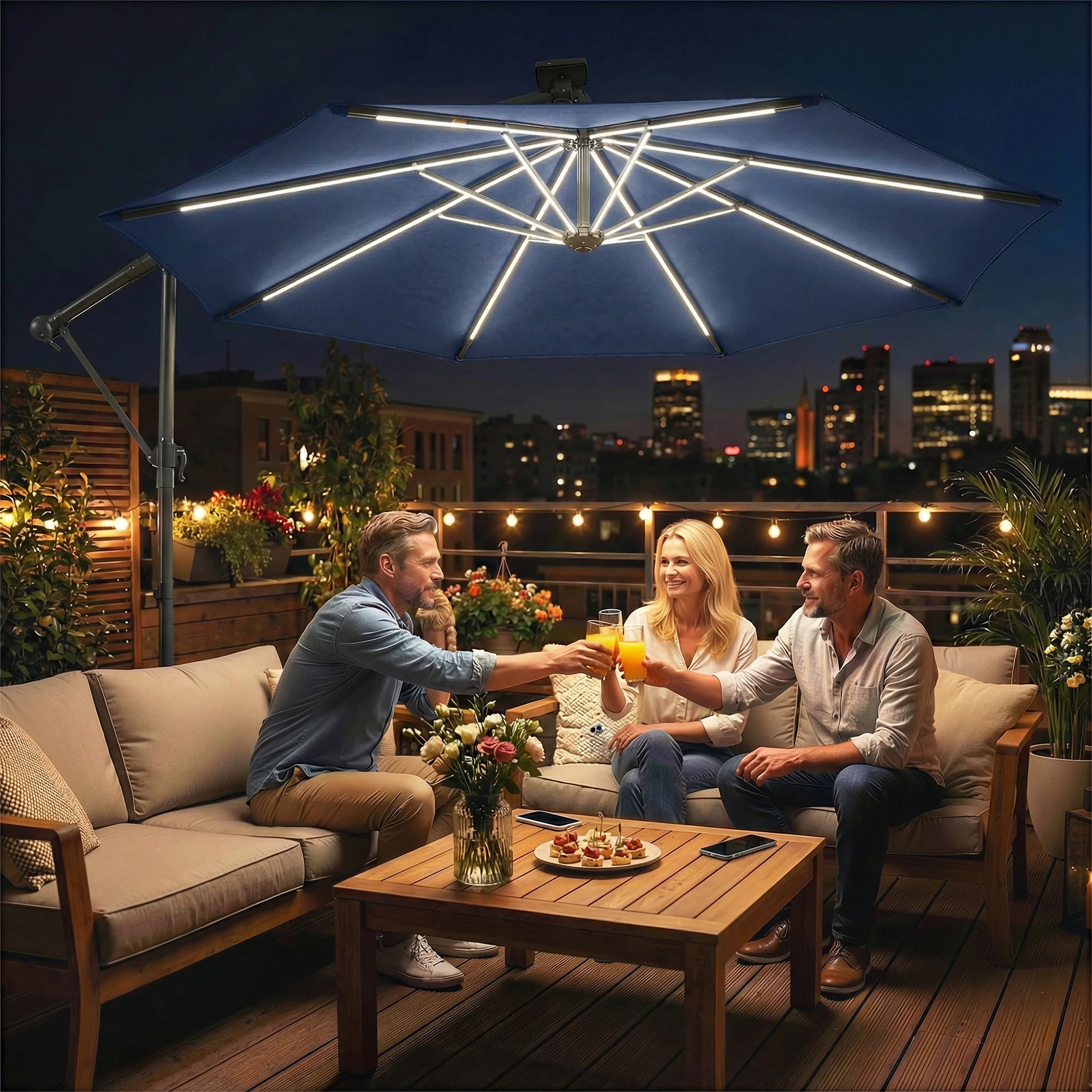 3 m Cantilever Parasol with Solar LED Light, Cover & 360° Rotation, Navy Blue - Image 3