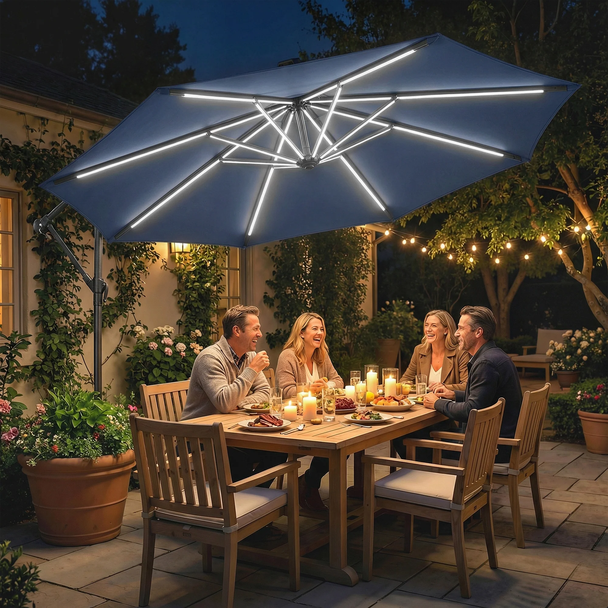 3 m Cantilever Parasol with Solar LED Light, Cover & 360° Rotation, Navy Blue - Image 4