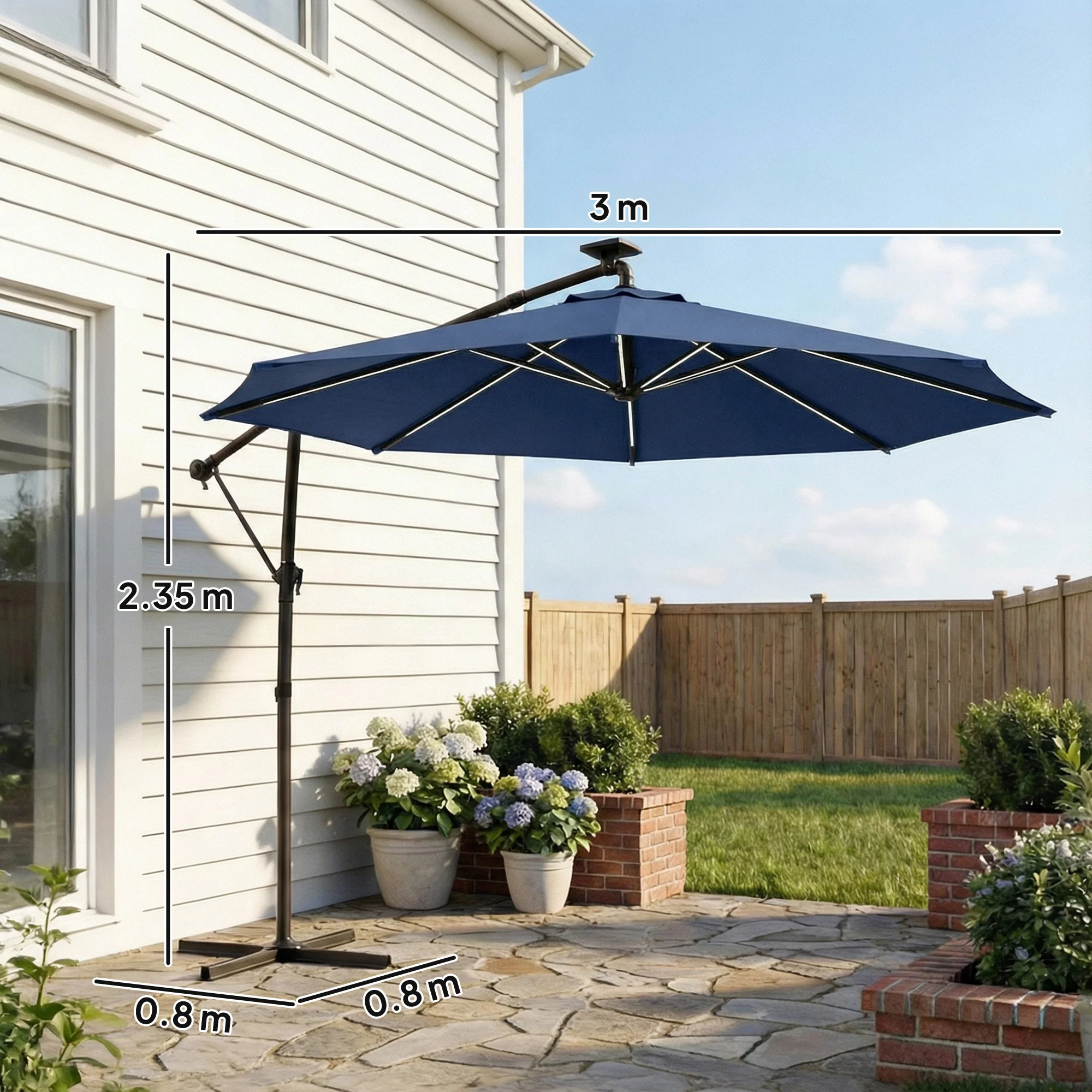 3 m Cantilever Parasol with Solar LED Light, Cover & 360° Rotation, Navy Blue - Image 5