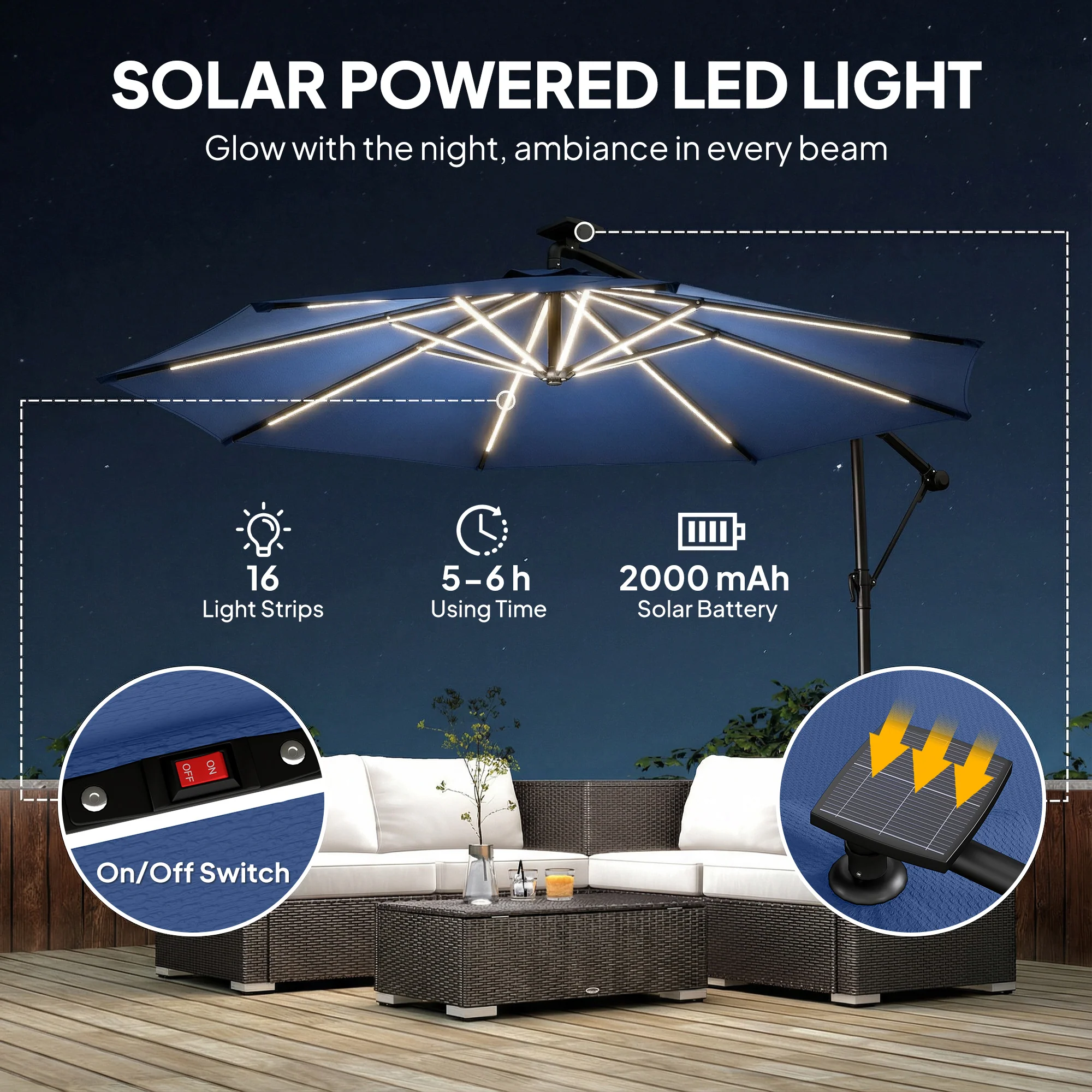 3 m Cantilever Parasol with Solar LED Light, Cover & 360° Rotation, Navy Blue - Image 6