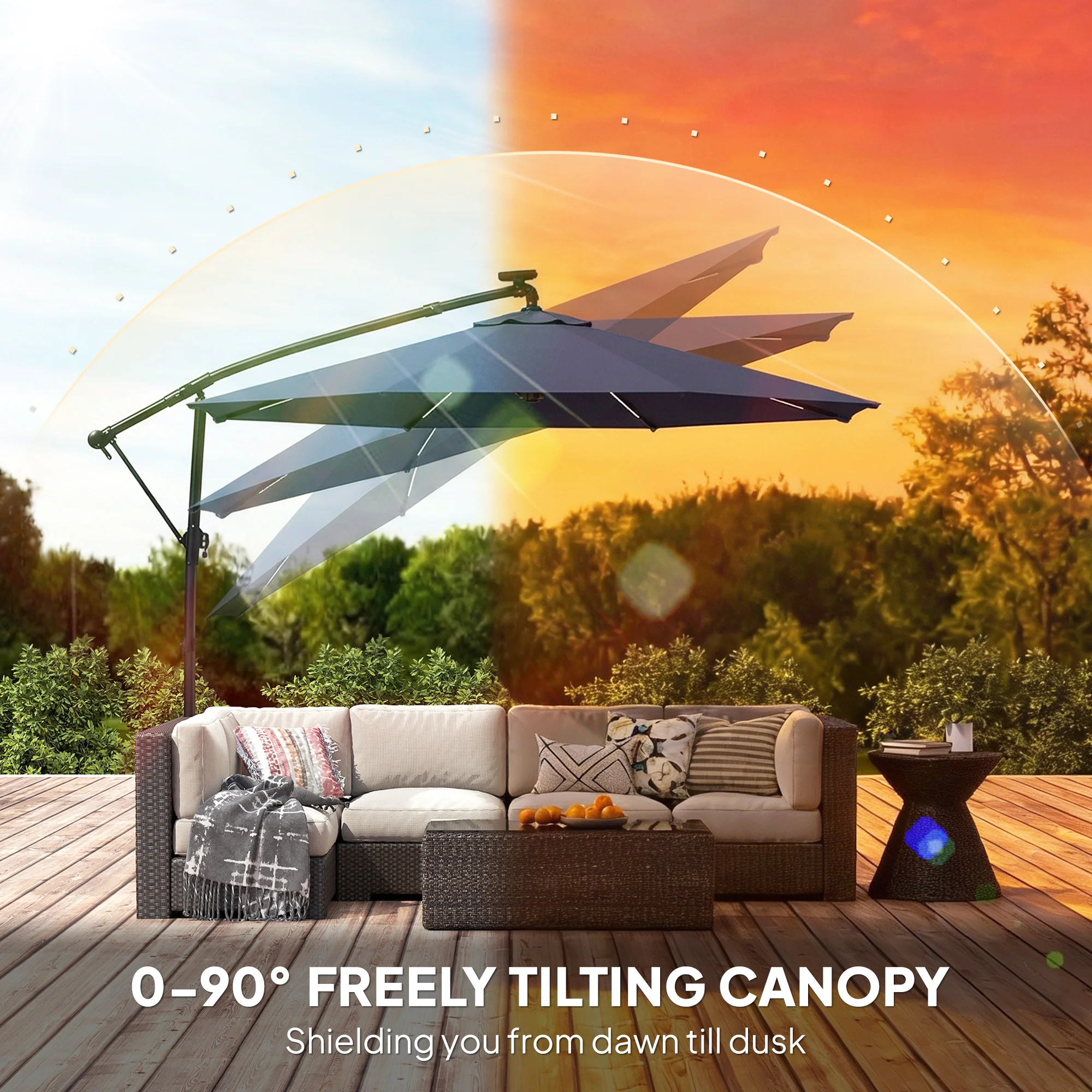 3 m Cantilever Parasol with Solar LED Light, Cover & 360° Rotation, Navy Blue - Image 8