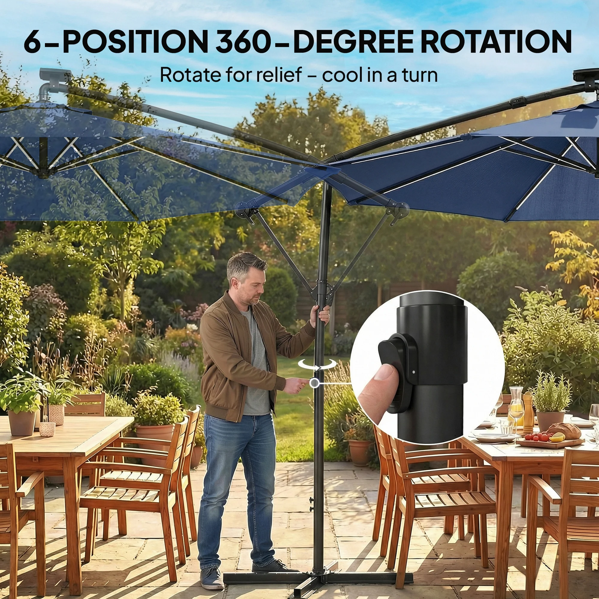 3 m Cantilever Parasol with Solar LED Light, Cover & 360° Rotation, Navy Blue - Image 9