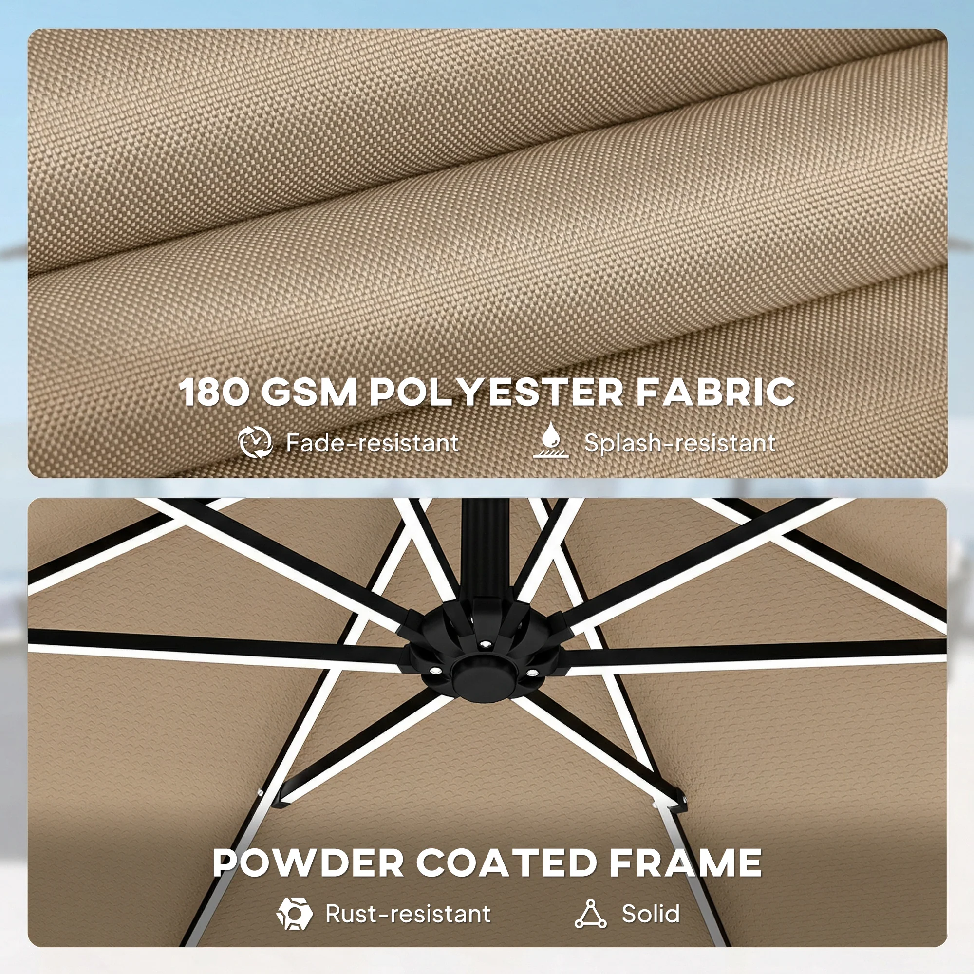 3 m Cantilever Parasol with Solar LED Light, Cover & 360° Rotation, Khaki - Image 11