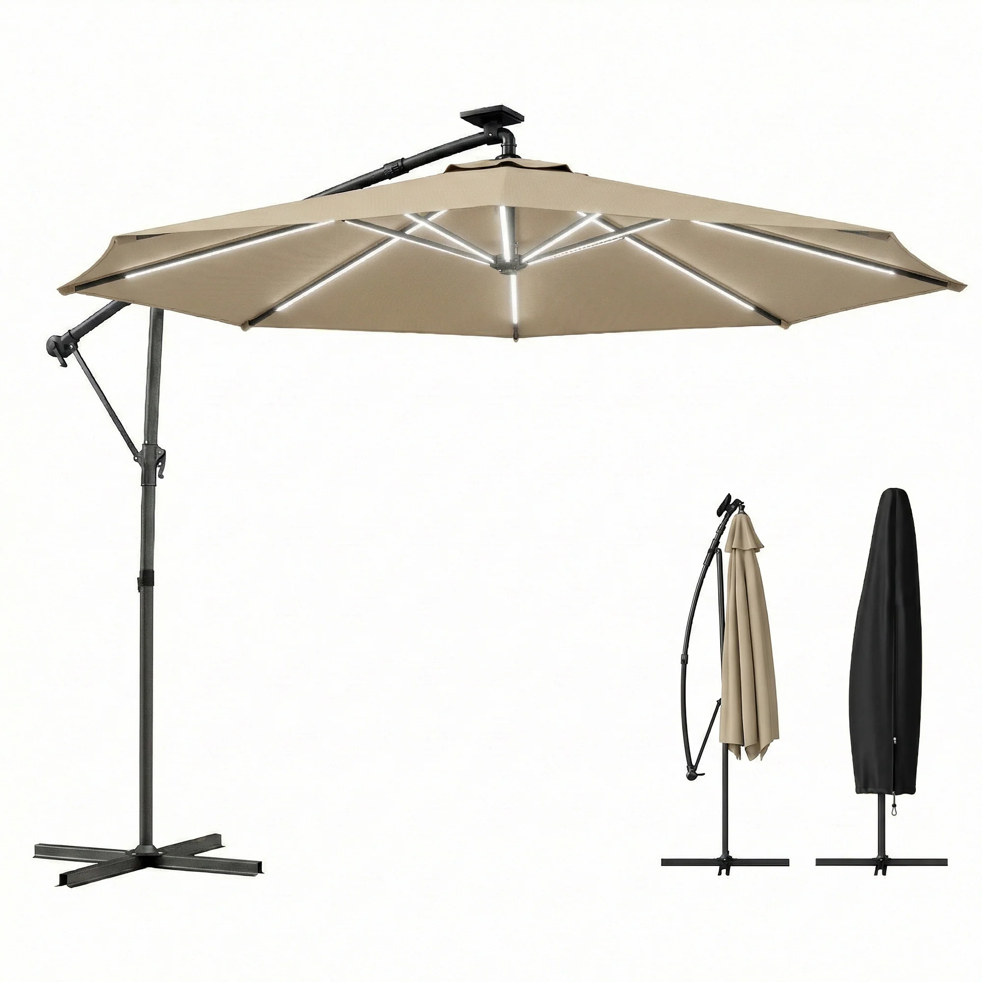 3 m Cantilever Parasol with Solar LED Light, Cover & 360° Rotation, Khaki - Image 2