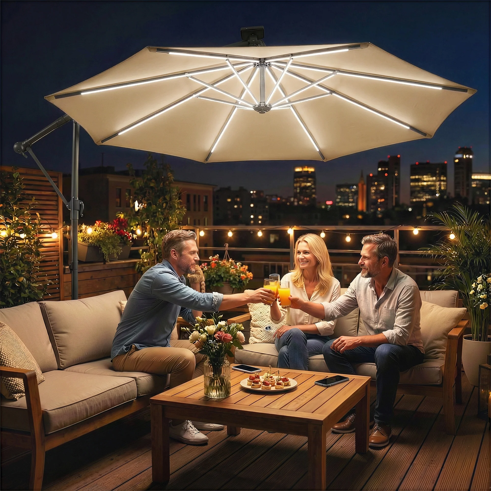 3 m Cantilever Parasol with Solar LED Light, Cover & 360° Rotation, Khaki - Image 3