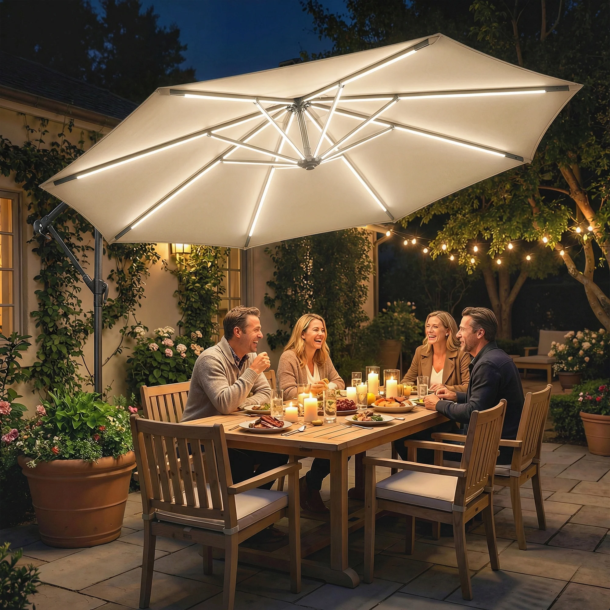 3 m Cantilever Parasol with Solar LED Light, Cover & 360° Rotation, Khaki - Image 4