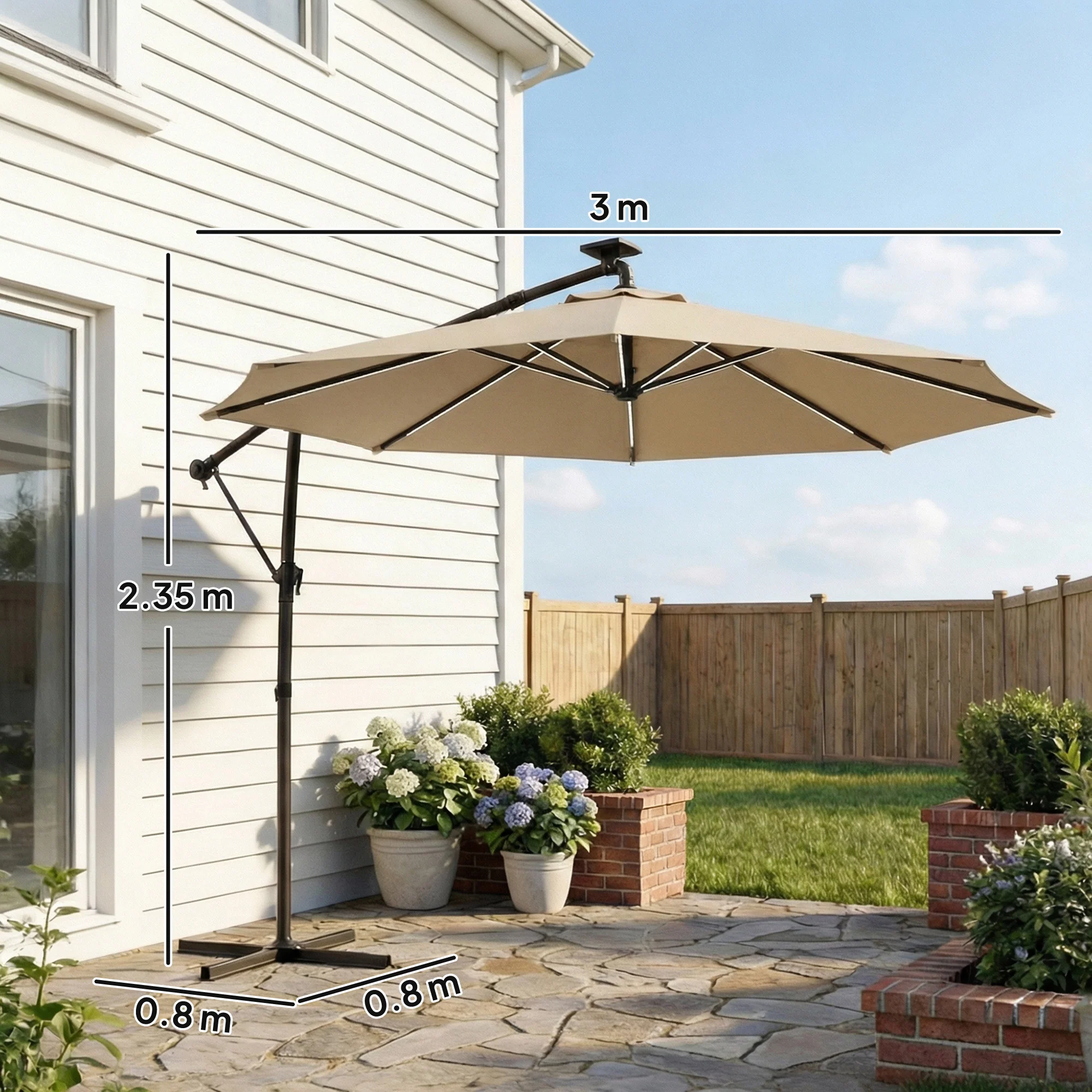3 m Cantilever Parasol with Solar LED Light, Cover & 360° Rotation, Khaki - Image 5