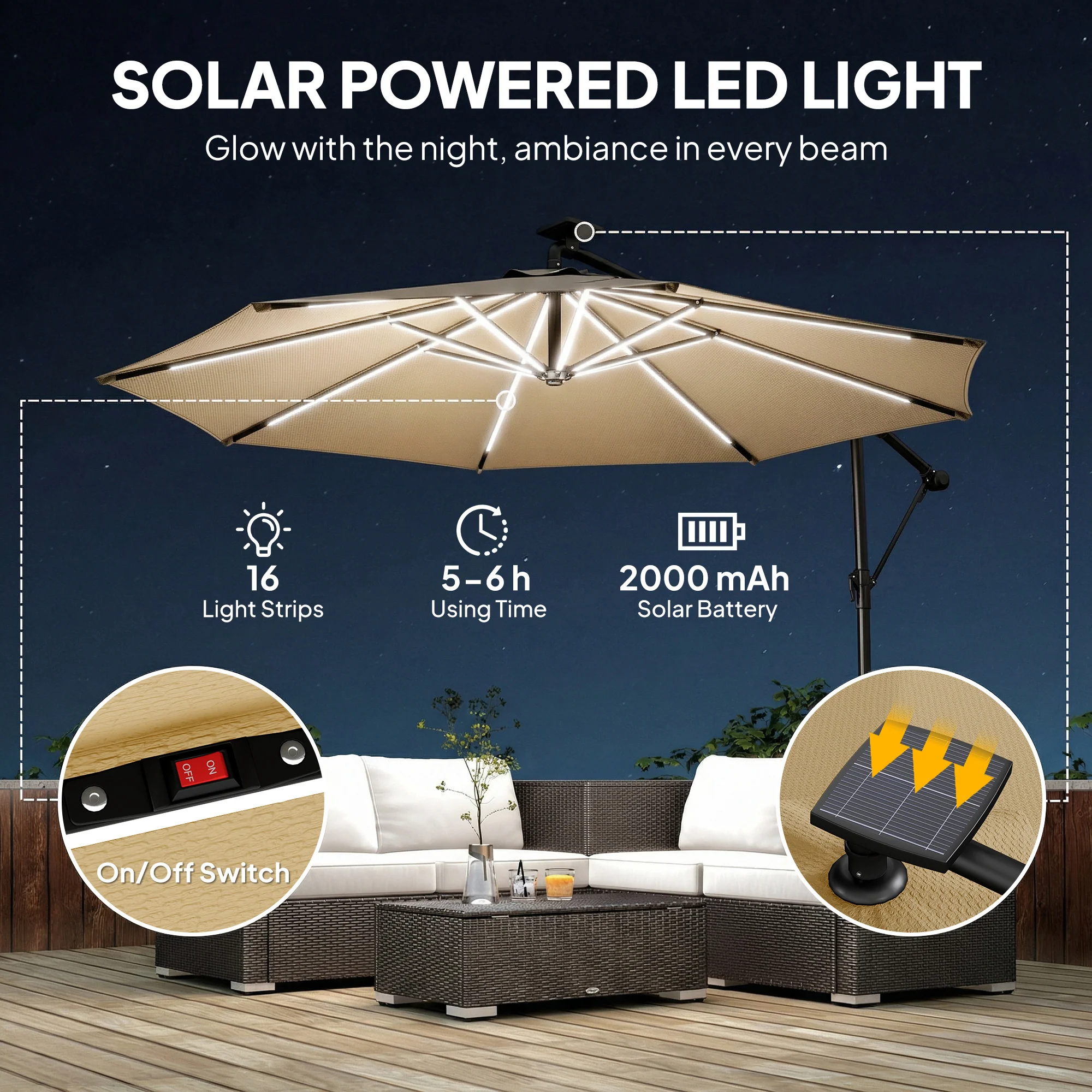 3 m Cantilever Parasol with Solar LED Light, Cover & 360° Rotation, Khaki - Image 6