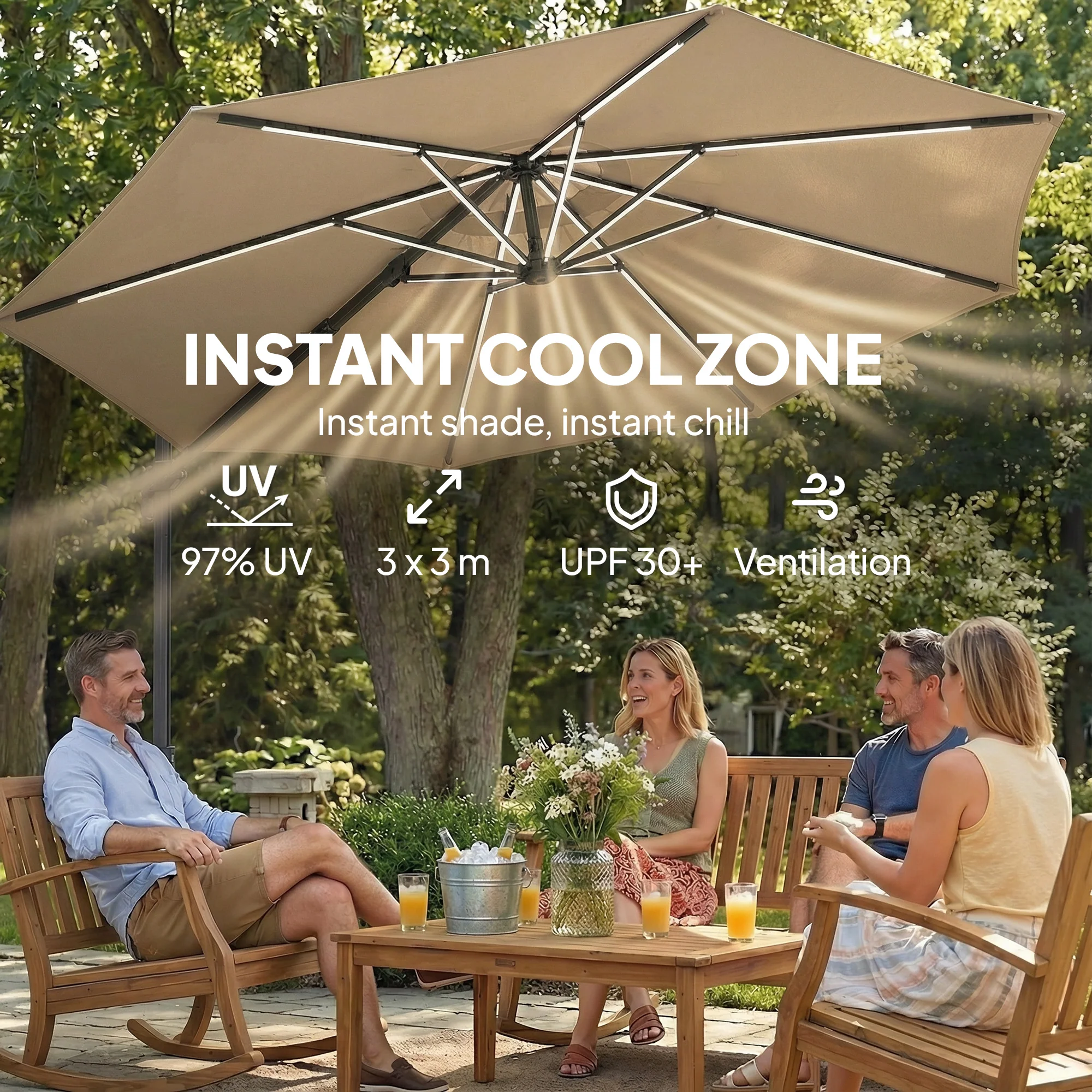 3 m Cantilever Parasol with Solar LED Light, Cover & 360° Rotation, Khaki - Image 7