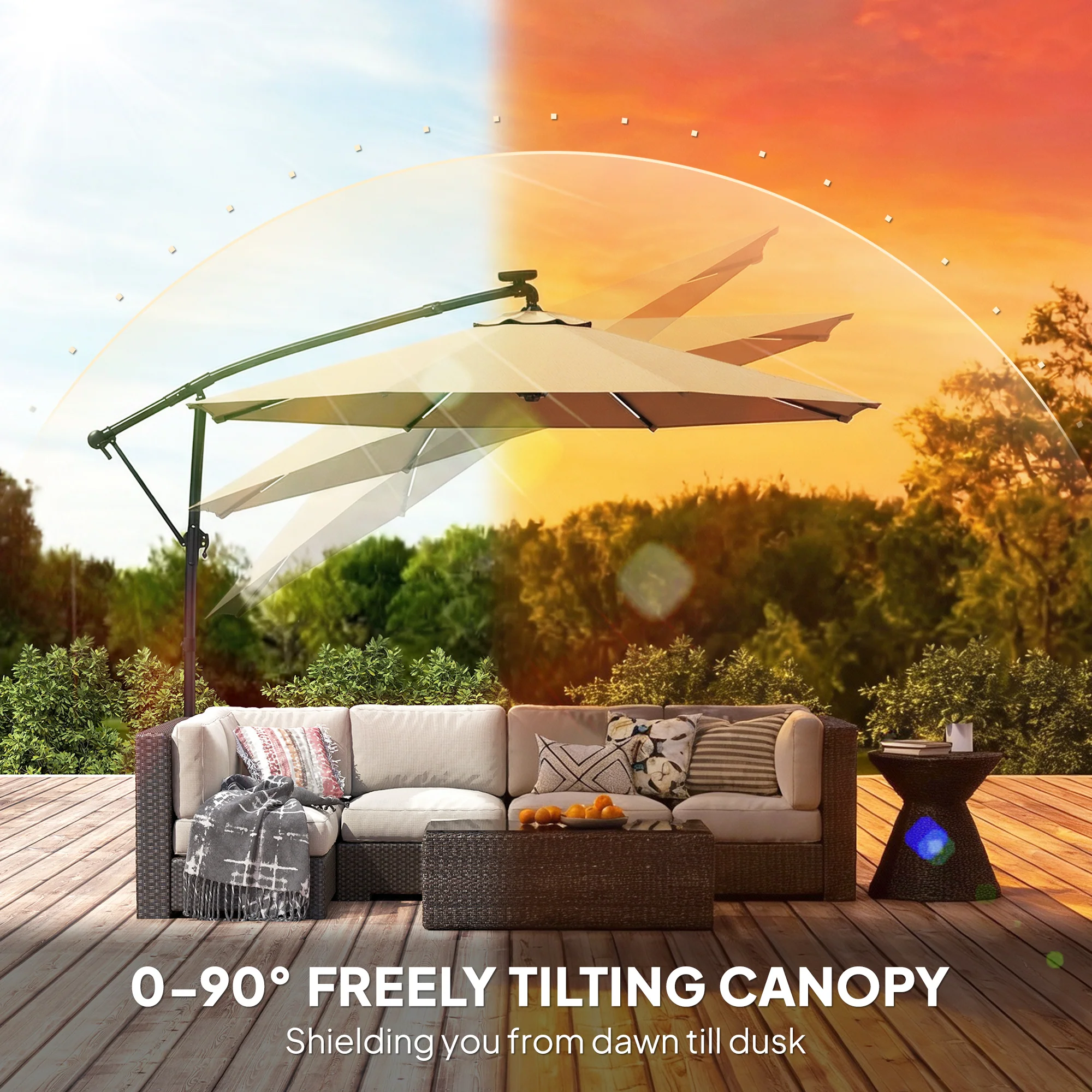 3 m Cantilever Parasol with Solar LED Light, Cover & 360° Rotation, Khaki - Image 8