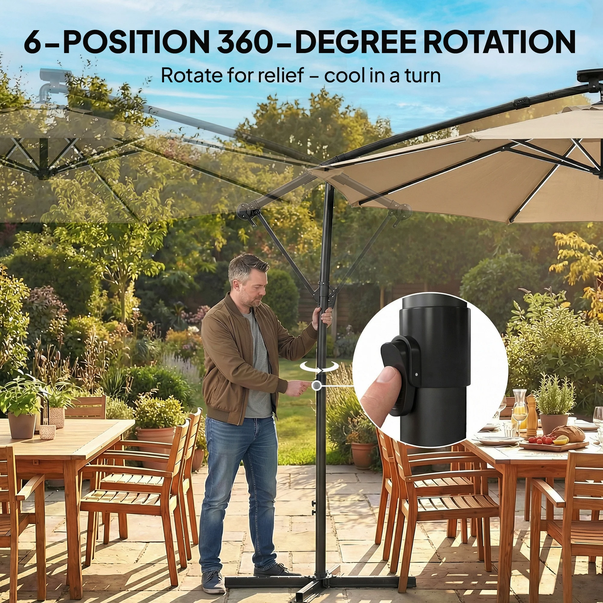 3 m Cantilever Parasol with Solar LED Light, Cover & 360° Rotation, Khaki - Image 9