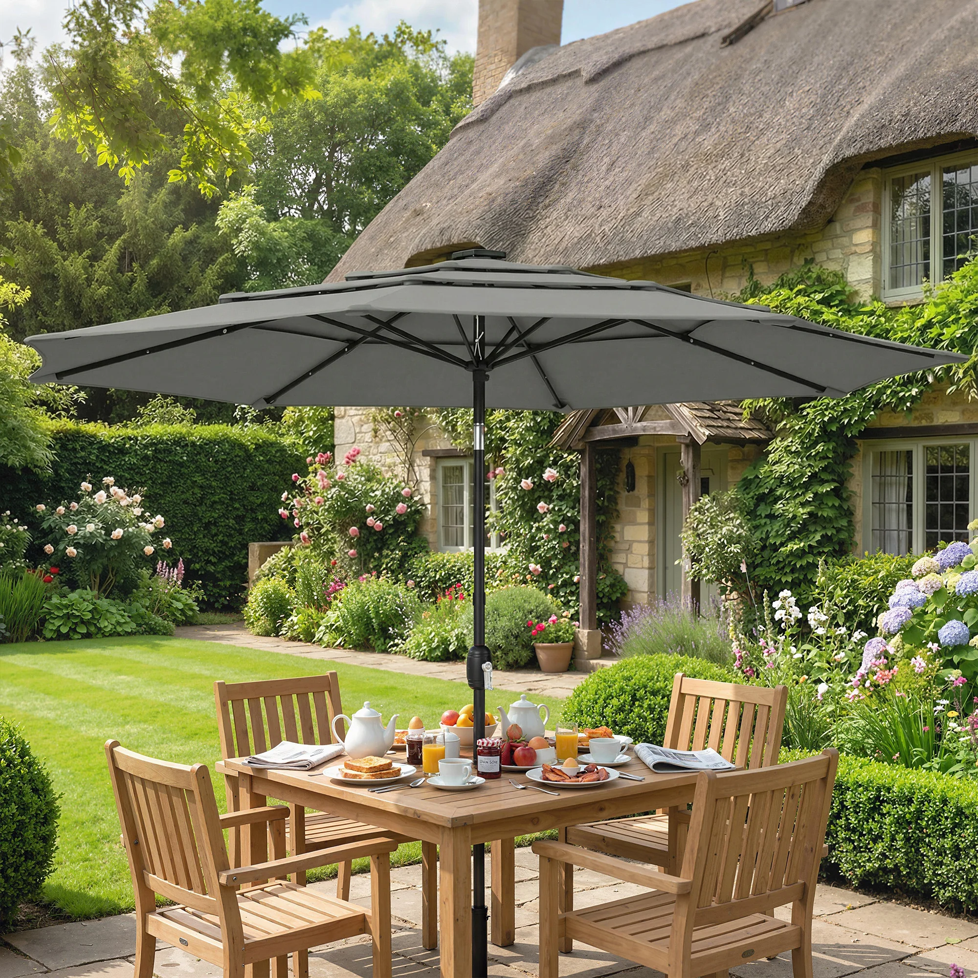 3 m Garden Parasol with 3-Tier Roof, Crank Handle & Tilt, Grey - Image 4