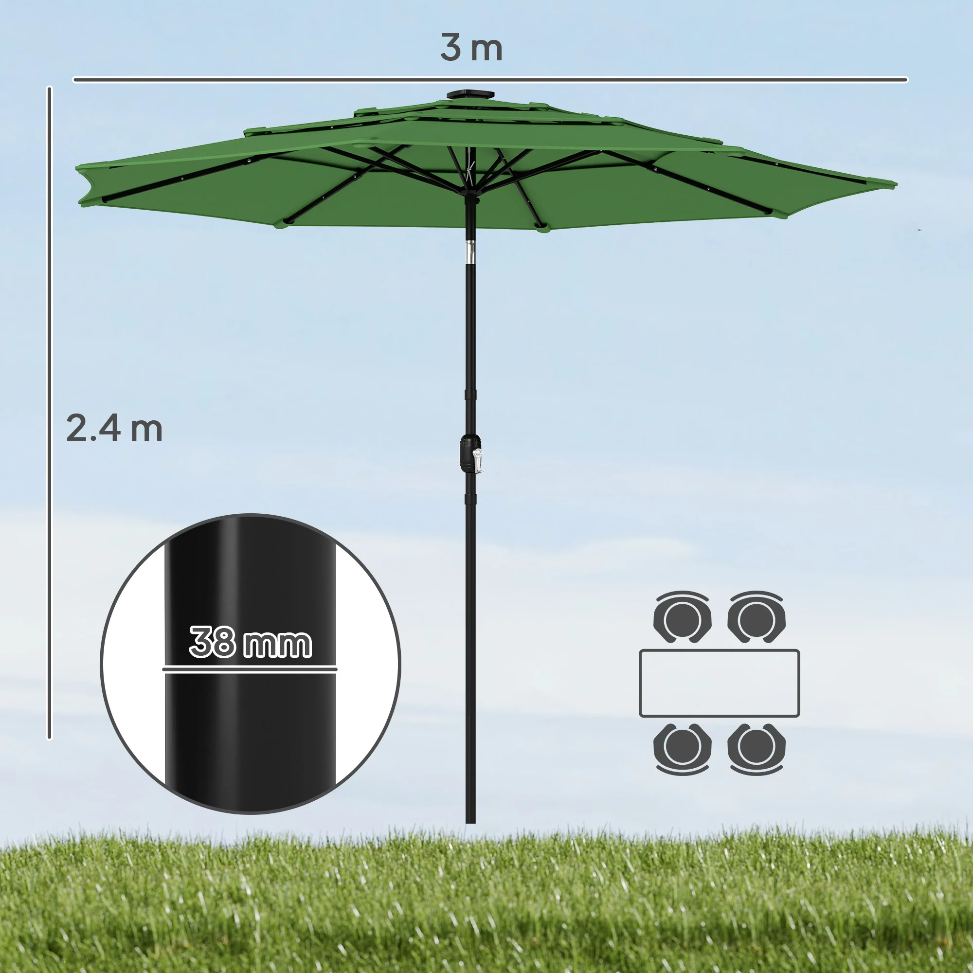 3 m Garden Parasol with 3-Tier Roof, Crank Handle & Tilt, Green - Image 5