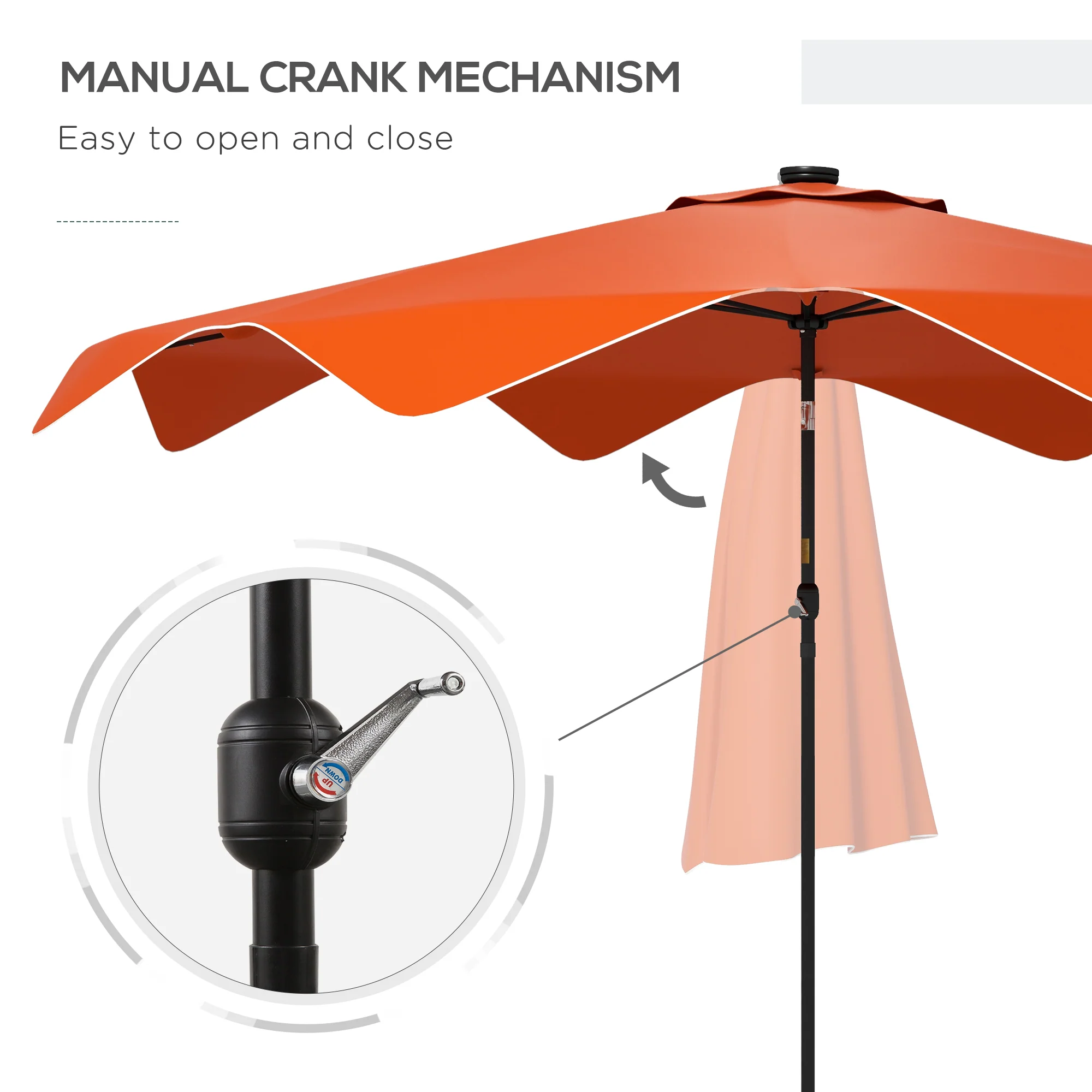 3m Patio Parasol with Solar LED and Tilt, Outdoor Market Table Umbrella with Crank, Orange - Image 9