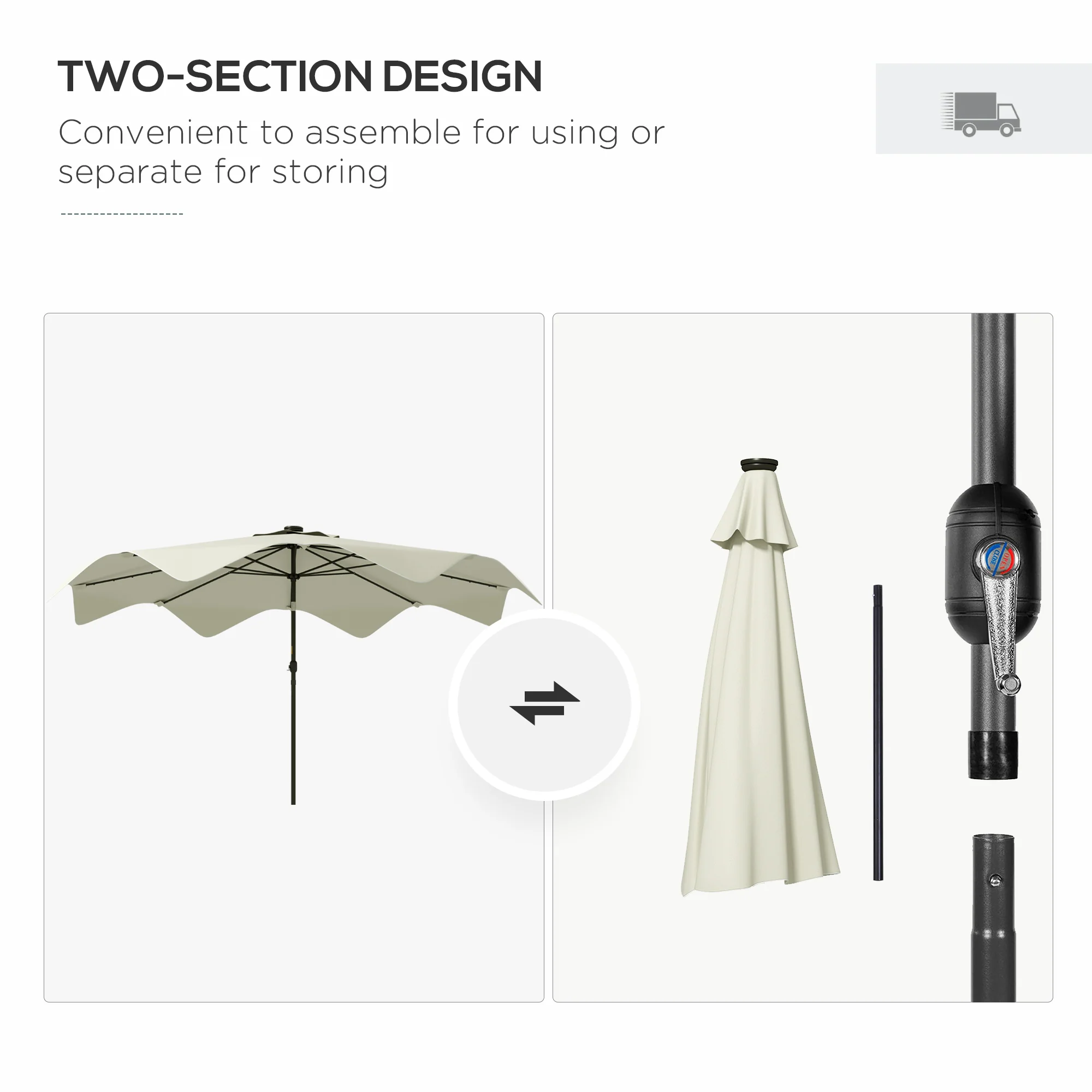 3m Patio Parasol with Solar LED and Tilt, Outdoor Market Table Umbrella with Crank, Cream White - Image 10
