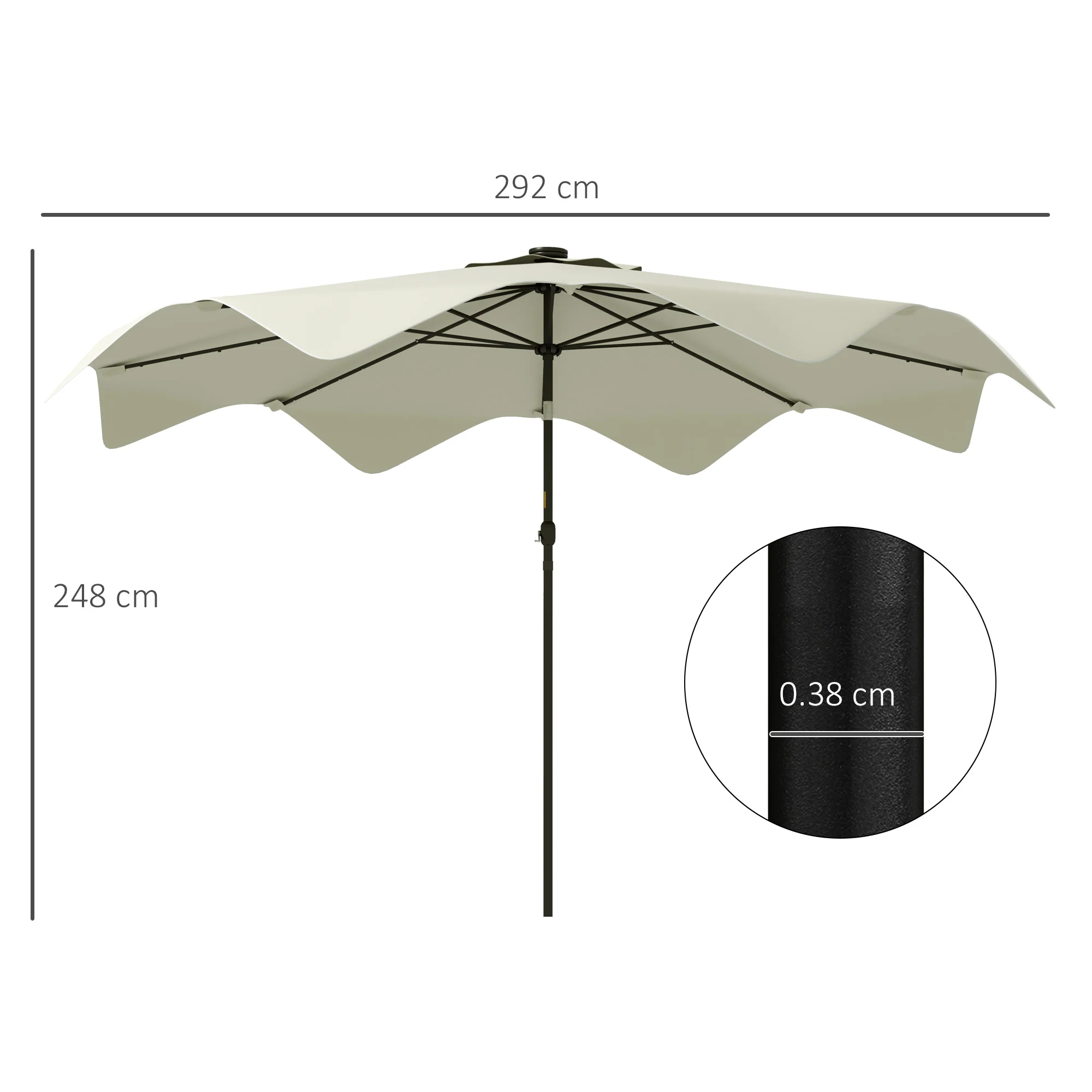 3m Patio Parasol with Solar LED and Tilt, Outdoor Market Table Umbrella with Crank, Cream White - Image 5