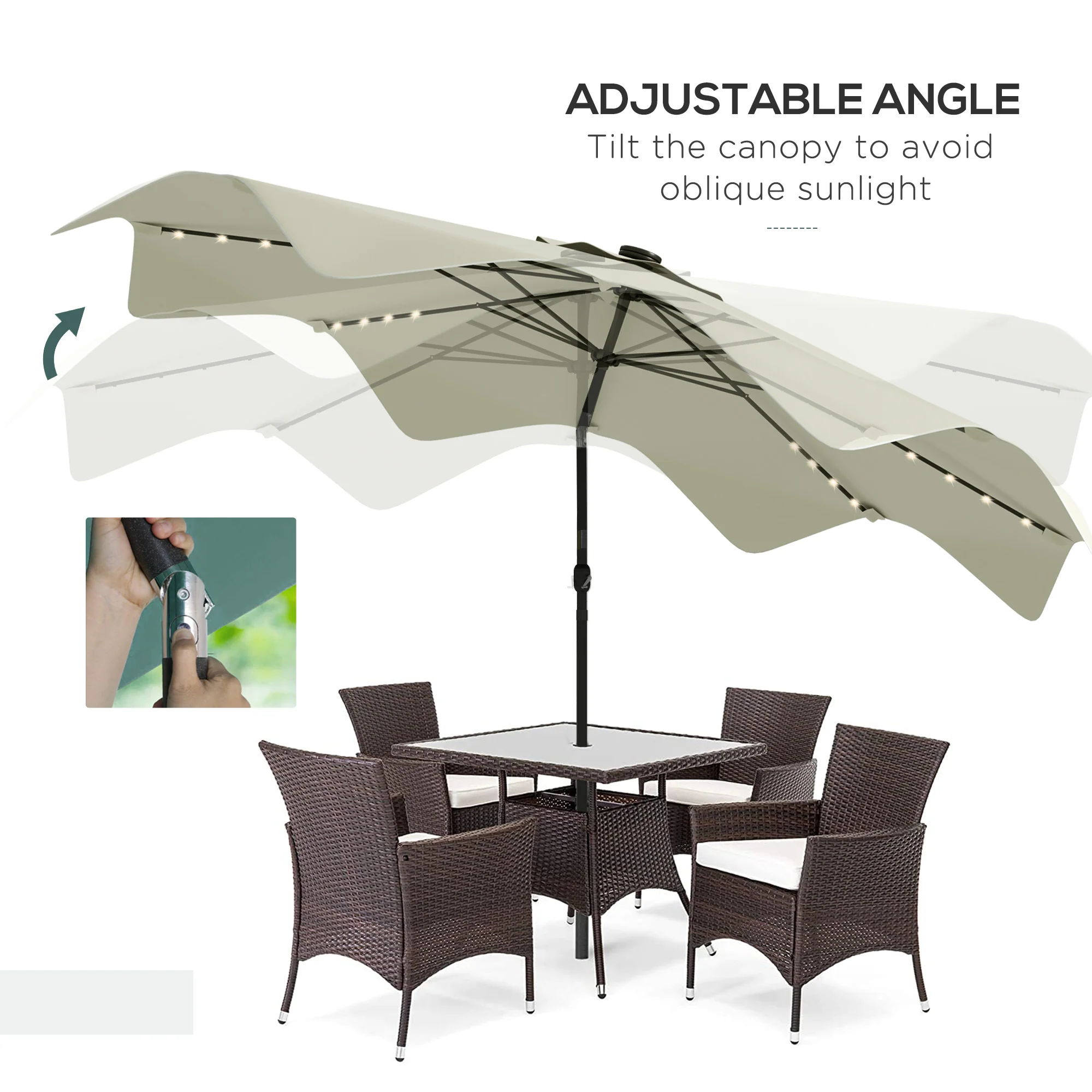 3m Patio Parasol with Solar LED and Tilt, Outdoor Market Table Umbrella with Crank, Cream White - Image 7