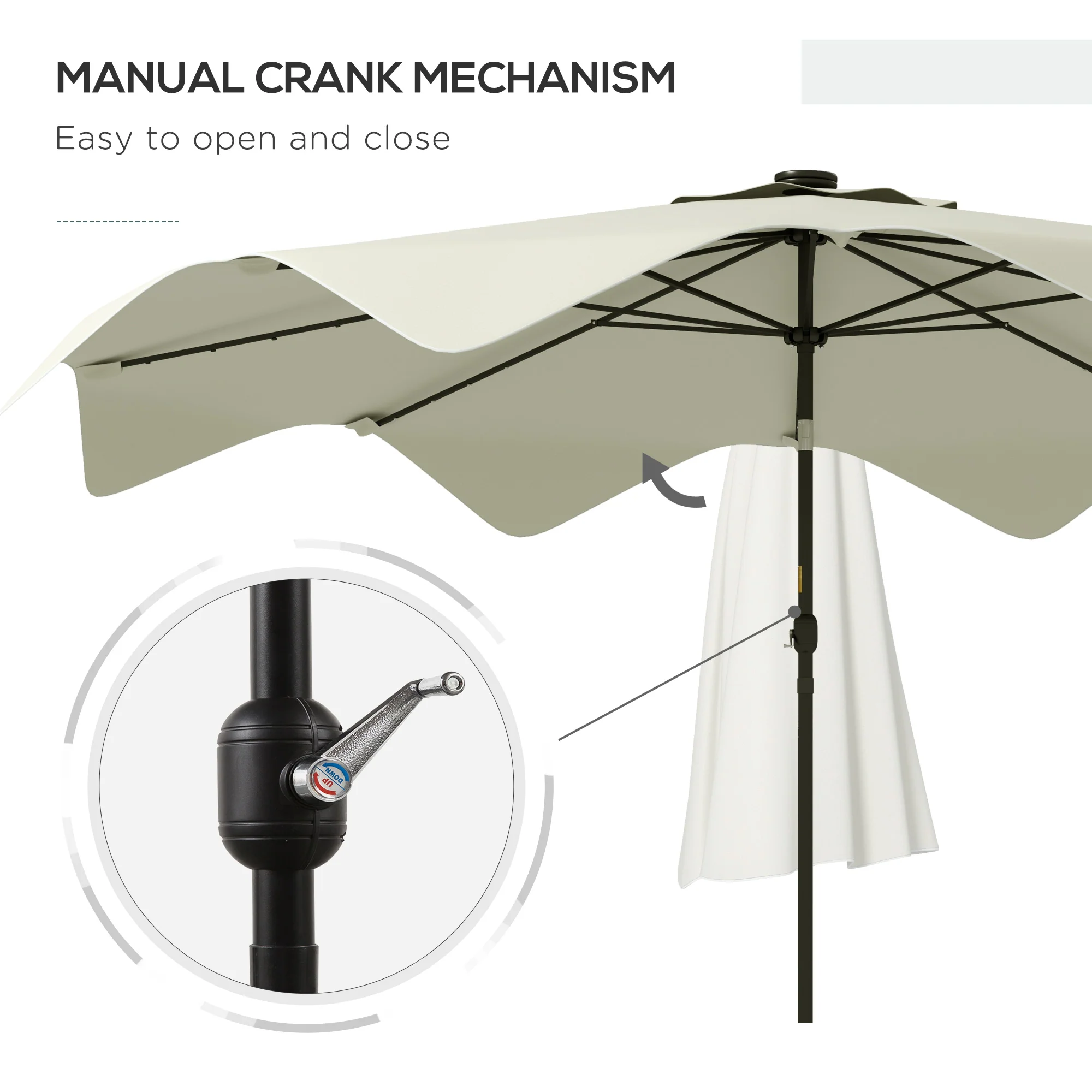 3m Patio Parasol with Solar LED and Tilt, Outdoor Market Table Umbrella with Crank, Cream White - Image 9