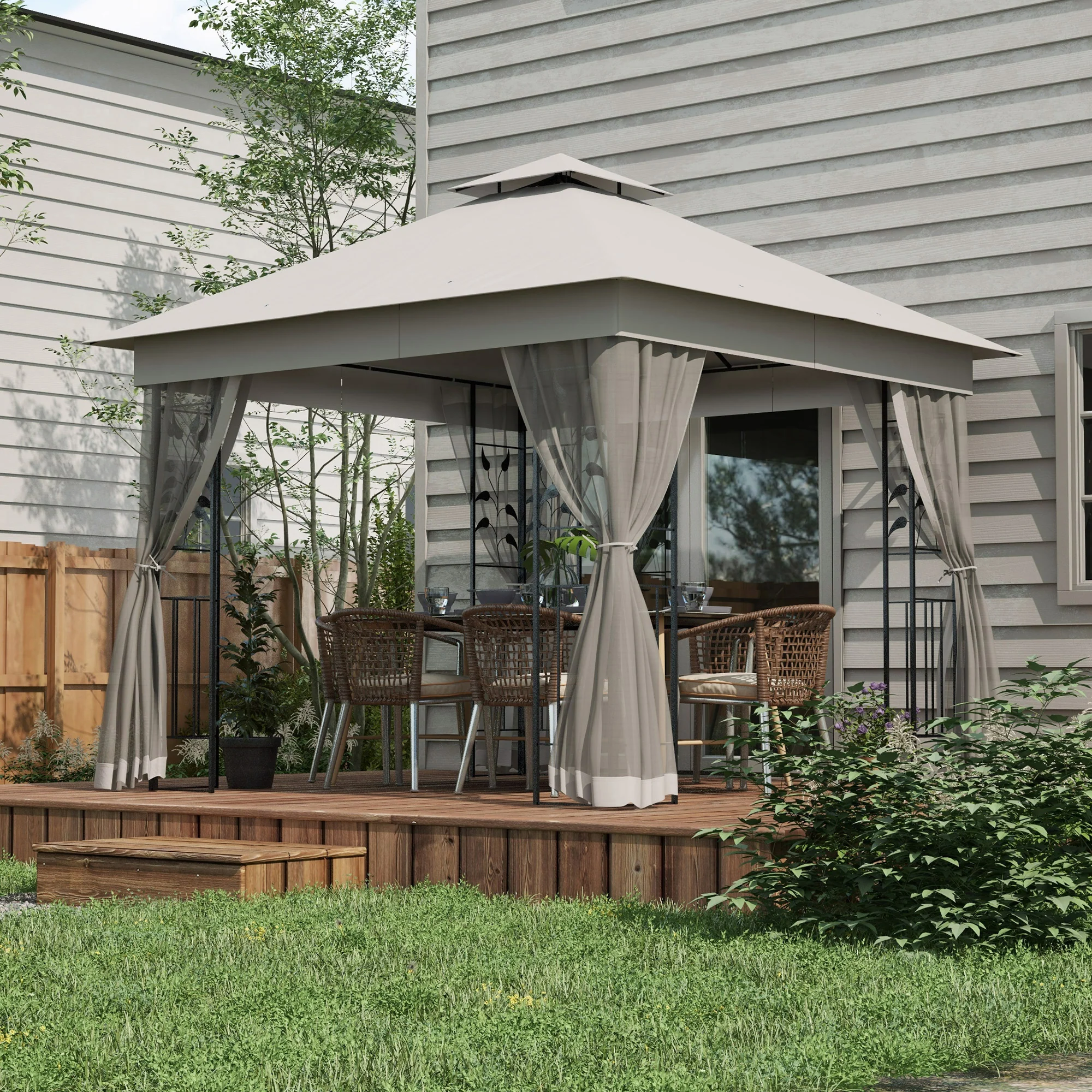 3 x 3m Garden Gazebo with Double Roof & Netting, Light Grey - Image 4