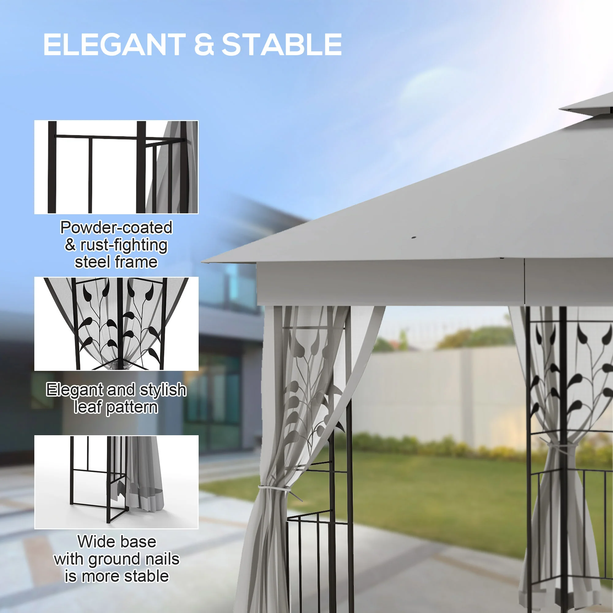 3 x 3m Garden Gazebo with Double Roof & Netting, Light Grey - Image 7