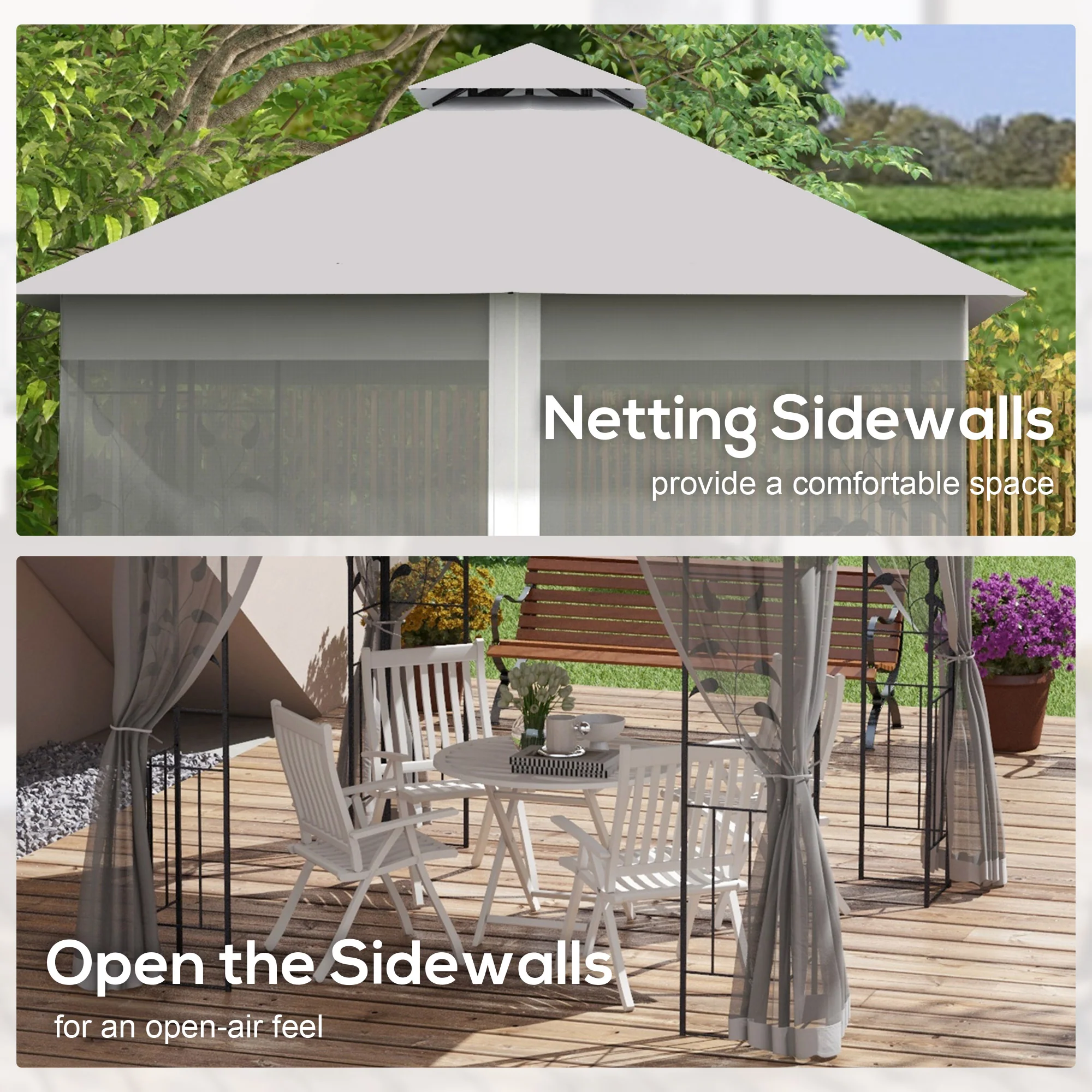 3 x 3m Garden Gazebo with Double Roof & Netting, Light Grey - Image 8