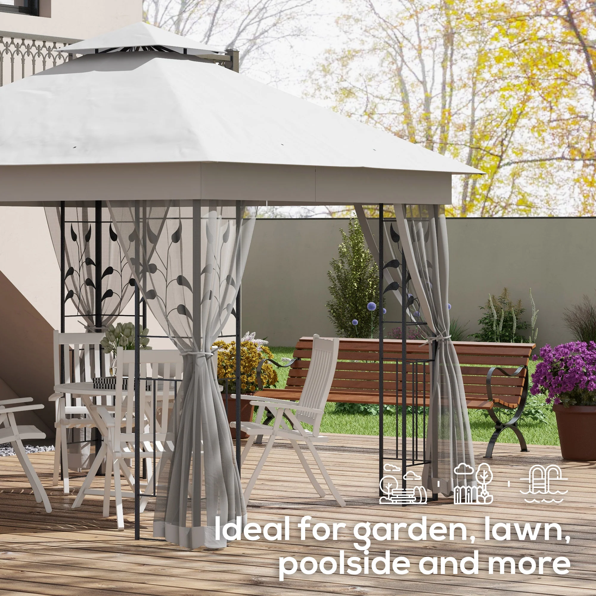3 x 3m Garden Gazebo with Double Roof & Netting, Light Grey - Image 9