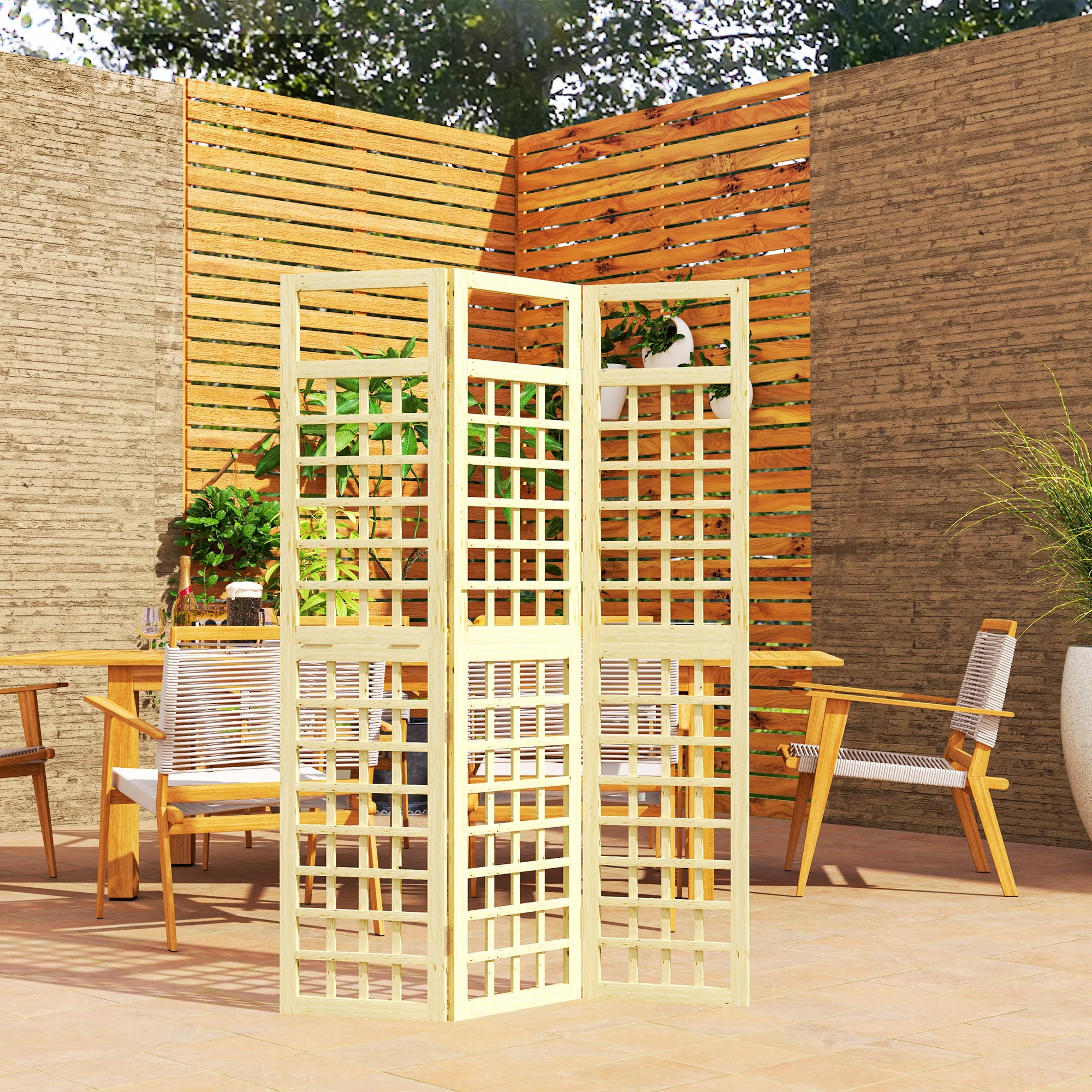 3 Panel Outdoor Wood Privacy Screen, 47.2" x 66.9" Folding Room Divider, Natural Wood - Image 4