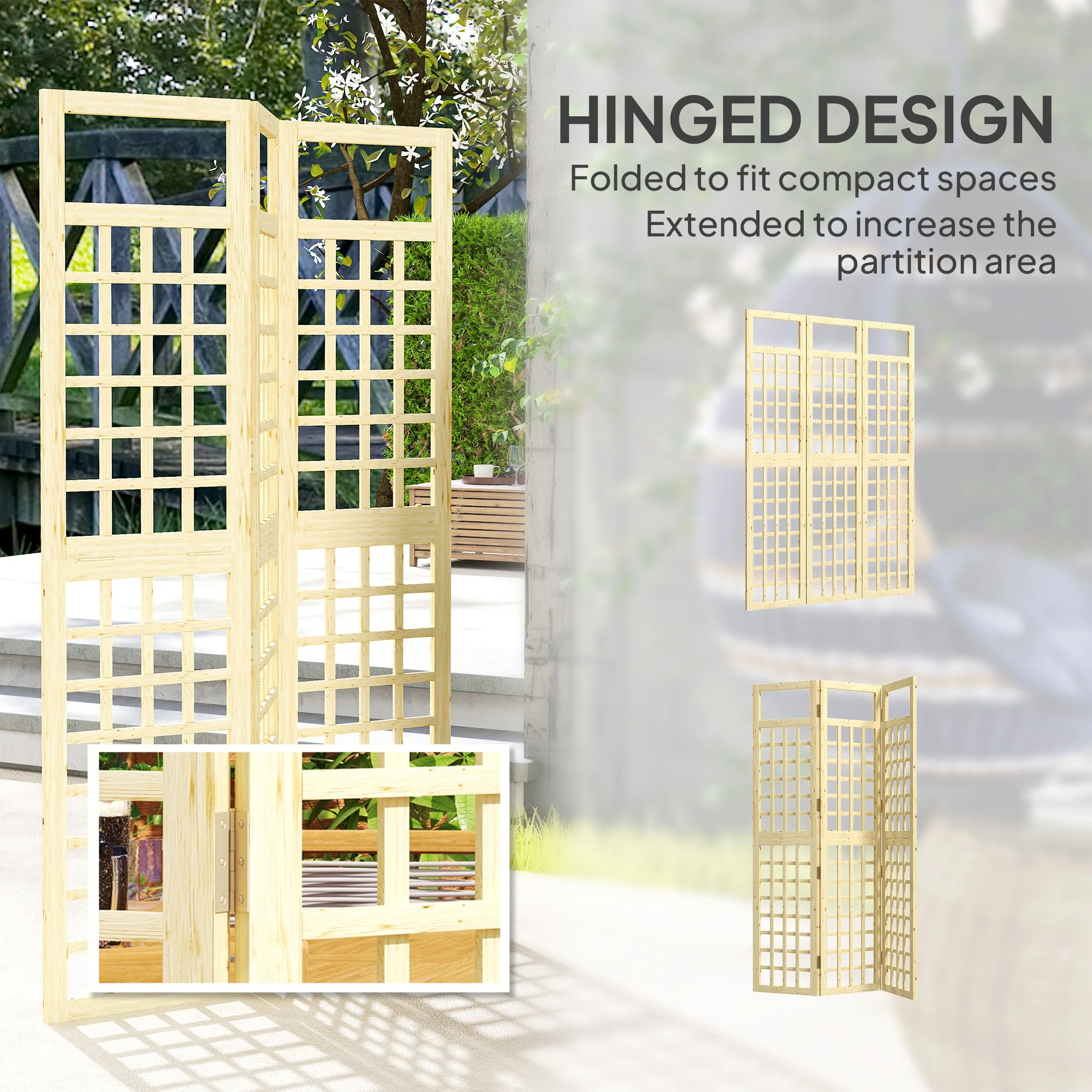 3 Panel Outdoor Wood Privacy Screen, 47.2" x 66.9" Folding Room Divider, Natural Wood - Image 7