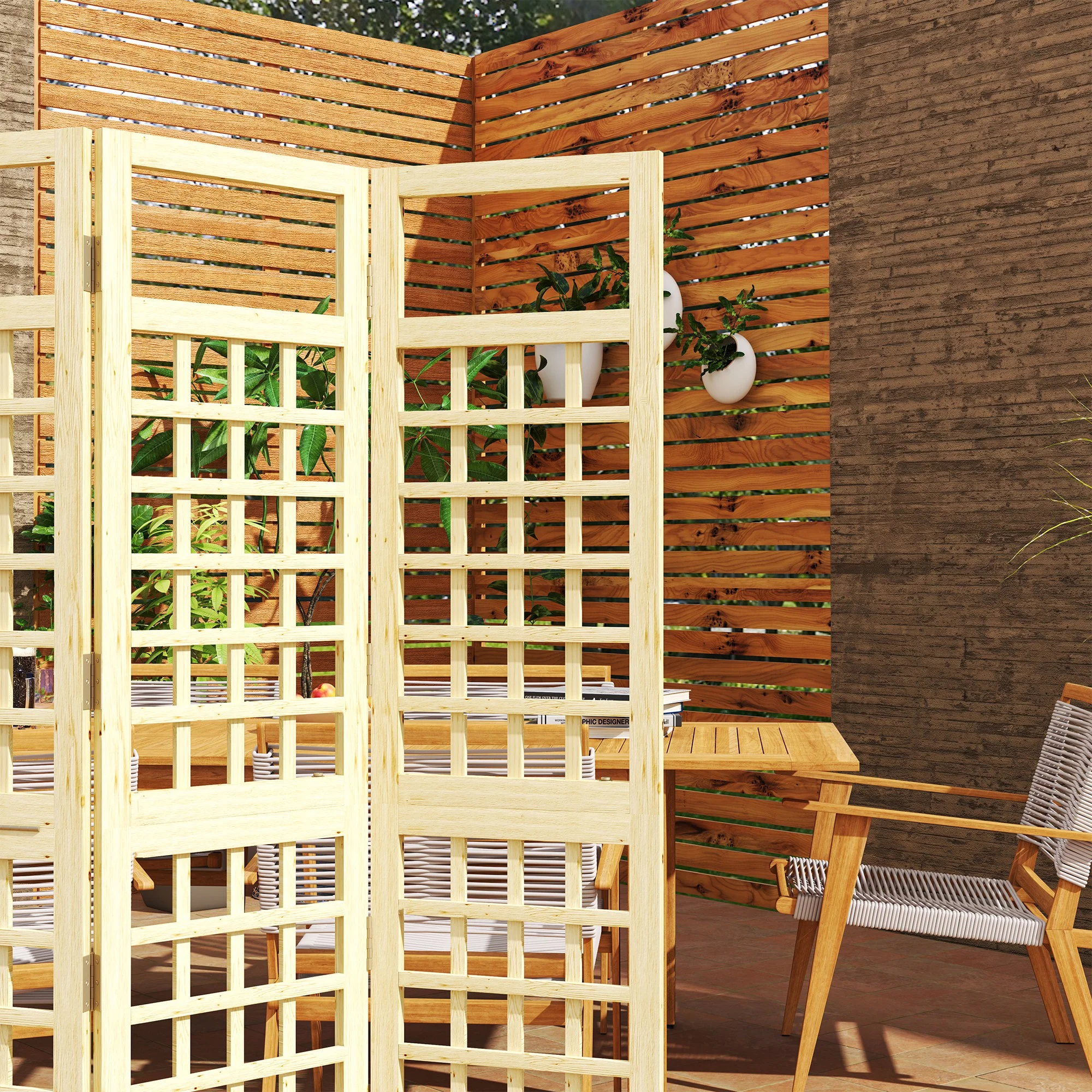 3 Panel Outdoor Wood Privacy Screen, 47.2" x 66.9" Folding Room Divider, Natural Wood - Image 9