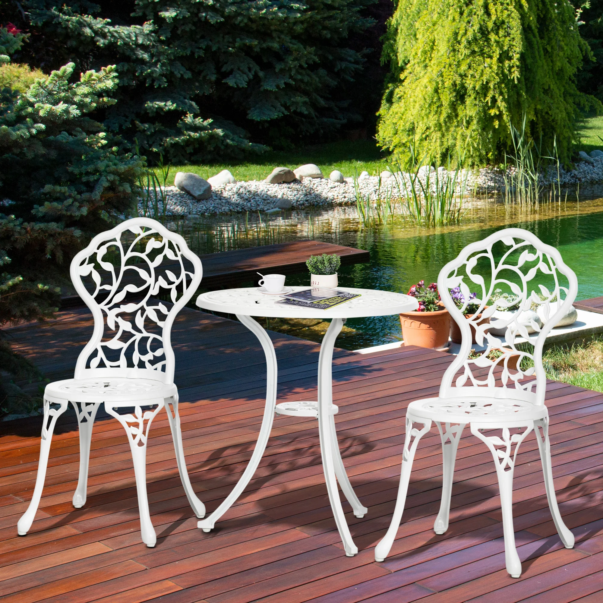 3 Pcs Antique Patio Bistro Set, Aluminium Round Dining Table & Chairs for Balcony,Patio, White - Image 4