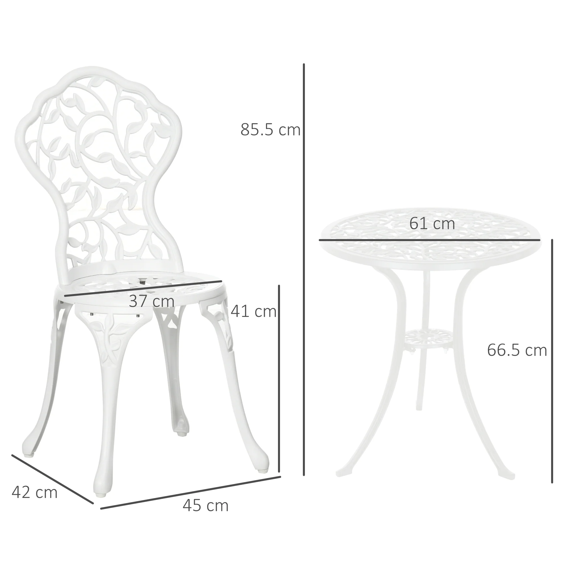 3 Pcs Antique Patio Bistro Set, Aluminium Round Dining Table & Chairs for Balcony,Patio, White - Image 5
