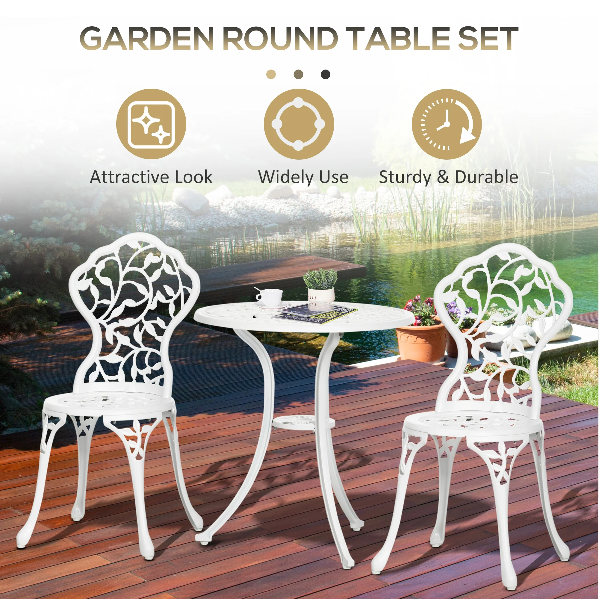 3 Pcs Antique Patio Bistro Set, Aluminium Round Dining Table & Chairs for Balcony,Patio, White - Image 7