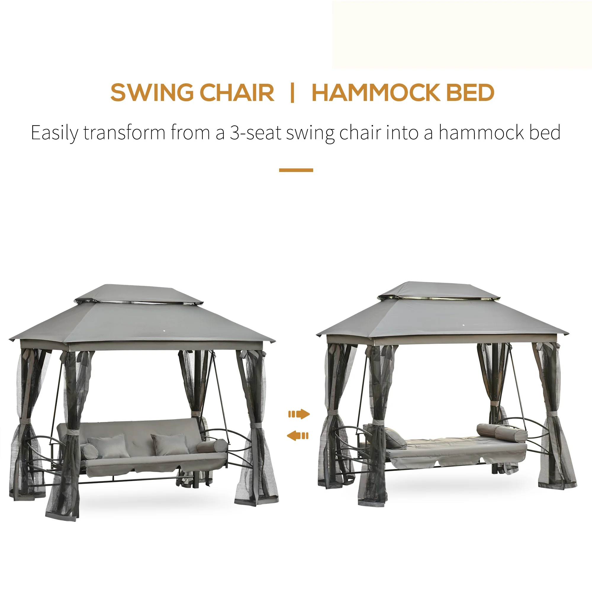 3 in 1 Canopy Gazebo Swing Chair w/ Sun Shade, Mesh Mosquito & Net for 3 Person, Dark Grey - Image 6