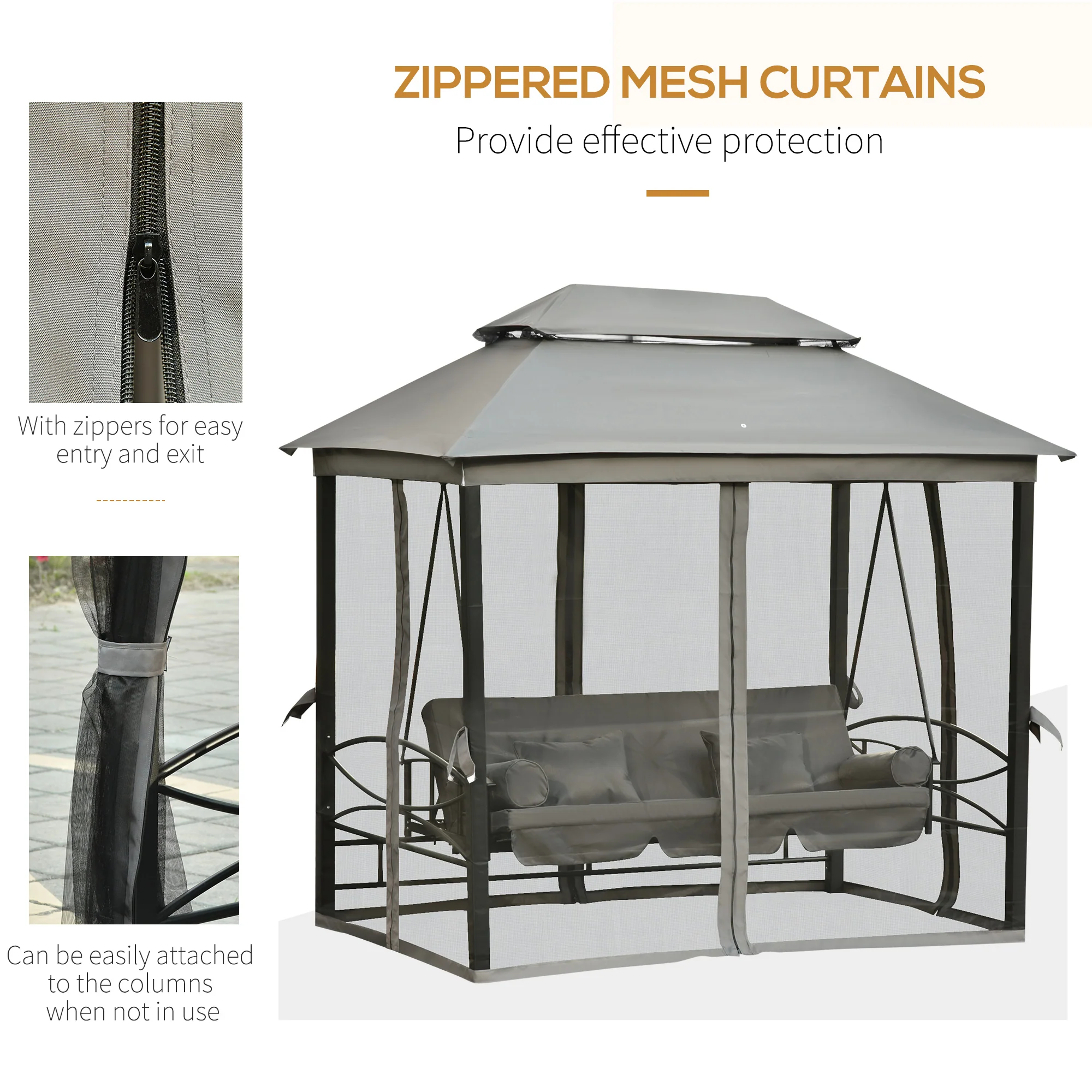3 in 1 Canopy Gazebo Swing Chair w/ Sun Shade, Mesh Mosquito & Net for 3 Person, Dark Grey - Image 8