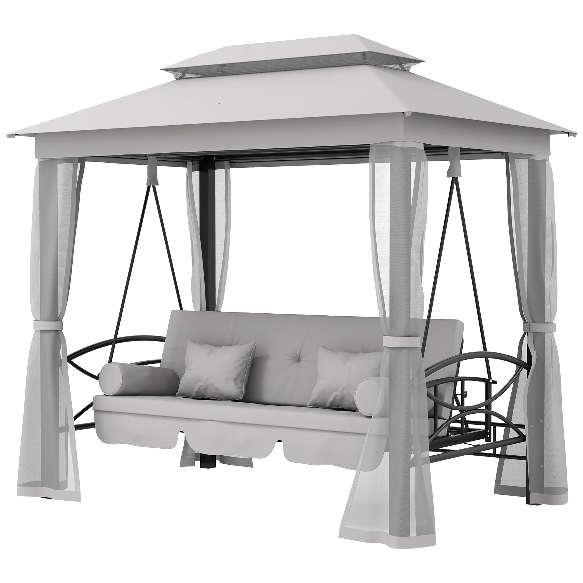 3 in 1 Canopy Gazebo Swing Chair,  3 Person Hammock w/ Mesh Mosquito & Sun Shade, Grey - Image 2