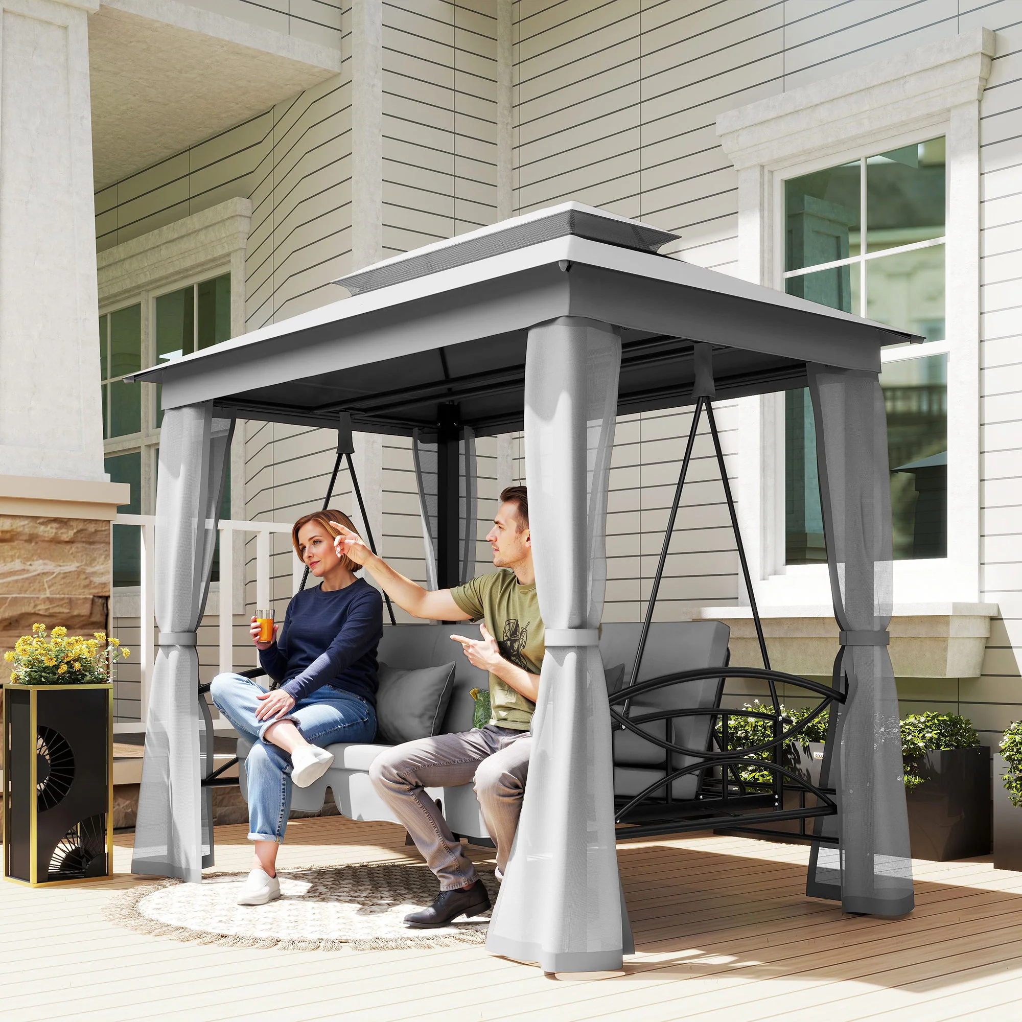 3 in 1 Canopy Gazebo Swing Chair,  3 Person Hammock w/ Mesh Mosquito & Sun Shade, Grey - Image 3