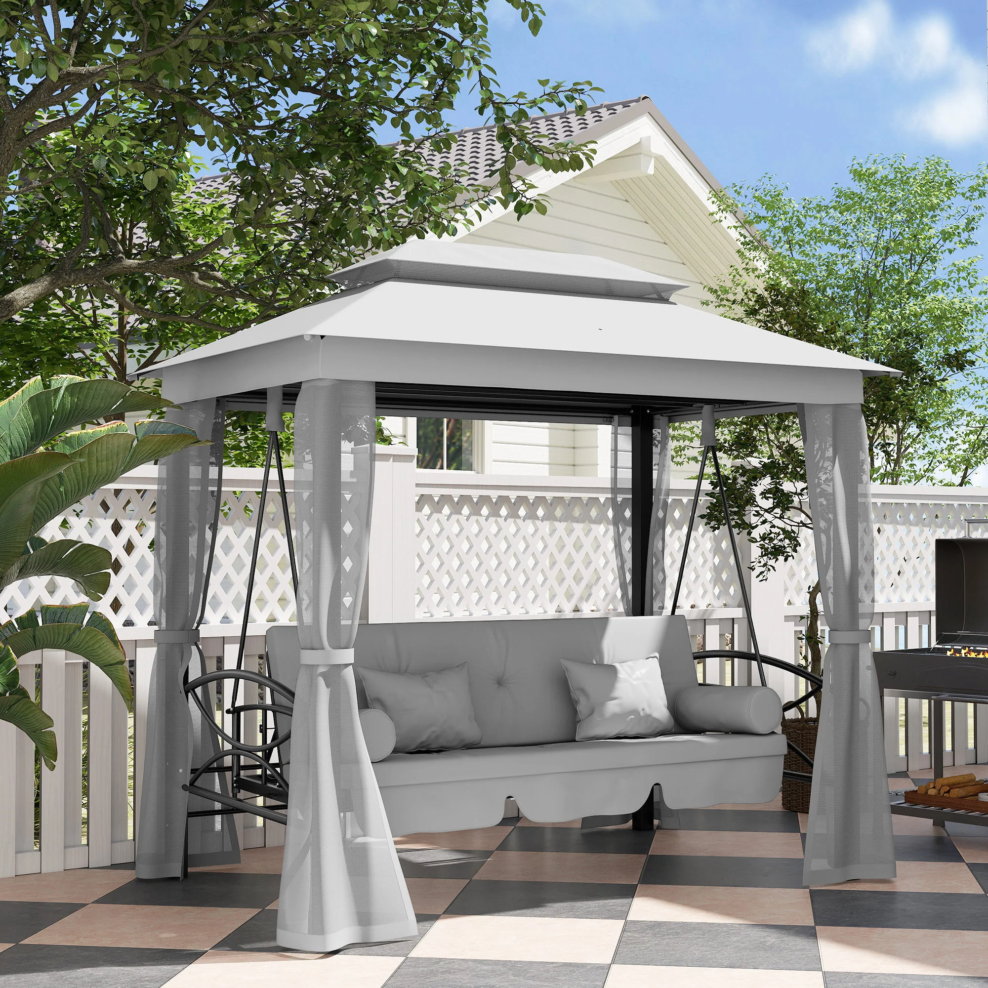 3 in 1 Canopy Gazebo Swing Chair,  3 Person Hammock w/ Mesh Mosquito & Sun Shade, Grey - Image 4