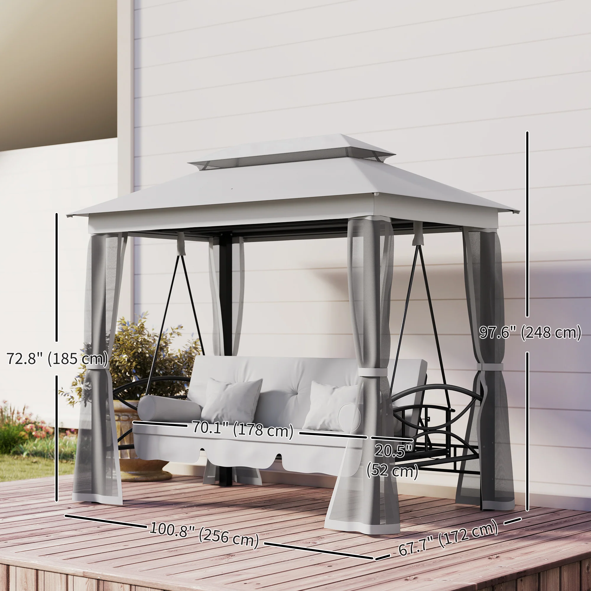 3 in 1 Canopy Gazebo Swing Chair,  3 Person Hammock w/ Mesh Mosquito & Sun Shade, Grey - Image 5