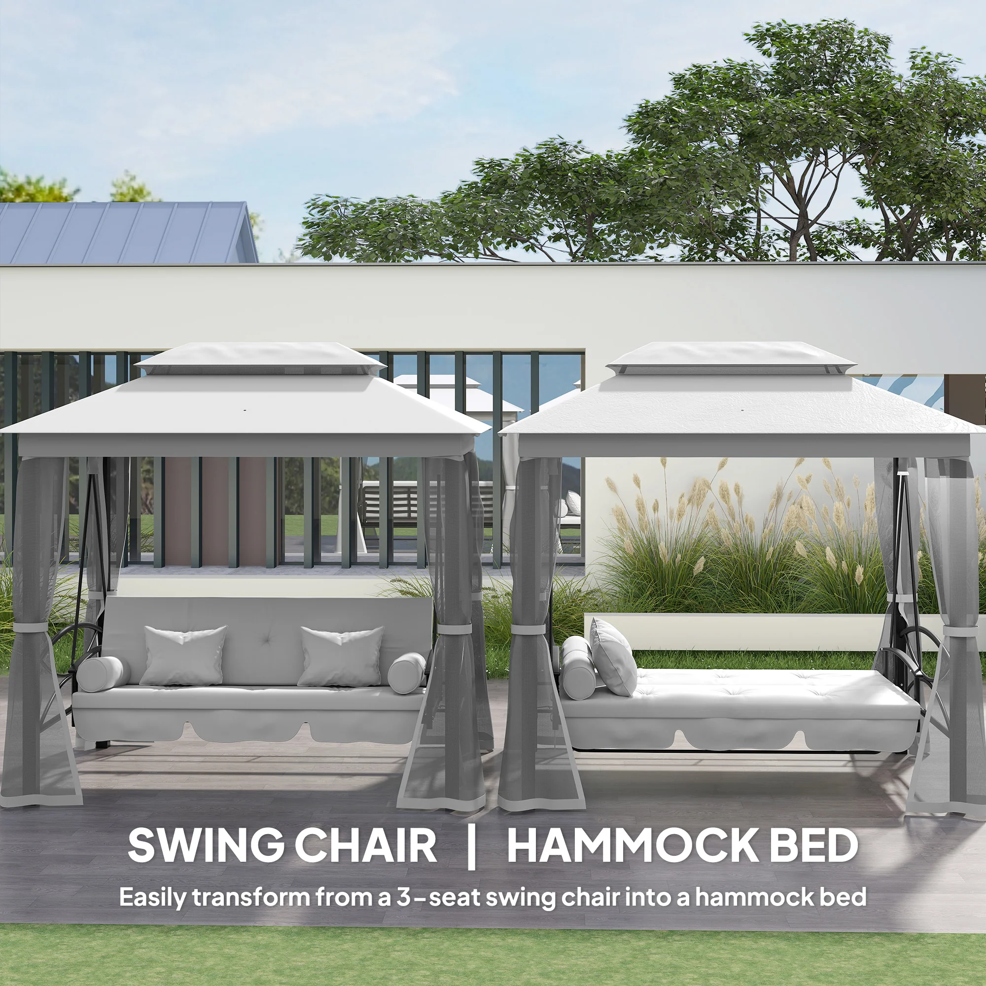 3 in 1 Canopy Gazebo Swing Chair,  3 Person Hammock w/ Mesh Mosquito & Sun Shade, Grey - Image 6