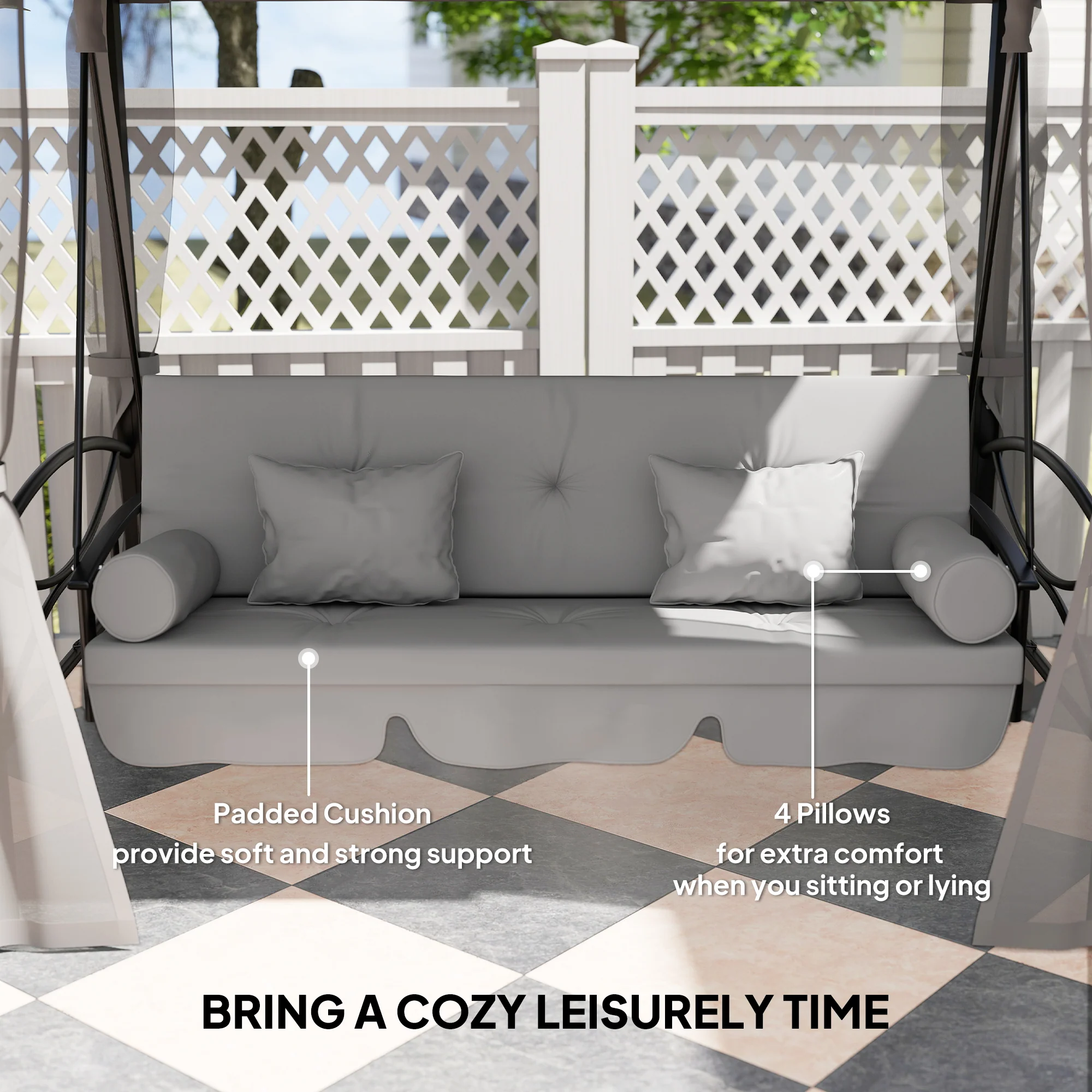 3 in 1 Canopy Gazebo Swing Chair,  3 Person Hammock w/ Mesh Mosquito & Sun Shade, Grey - Image 9