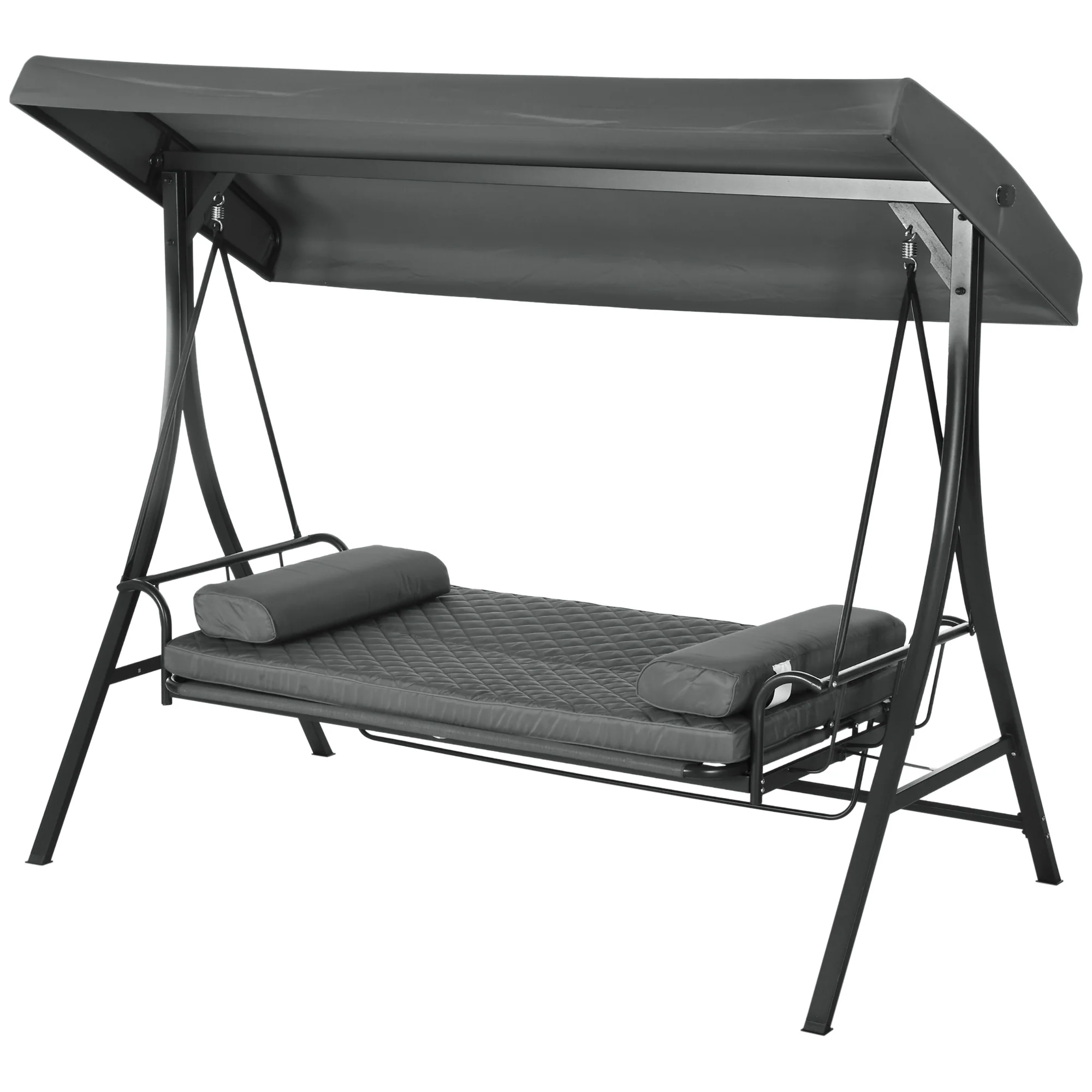 3 Person Porch Swing Bench w/ Adjustable Canopy, Cushions & Pillows for Porch, Dark Grey - Image 2